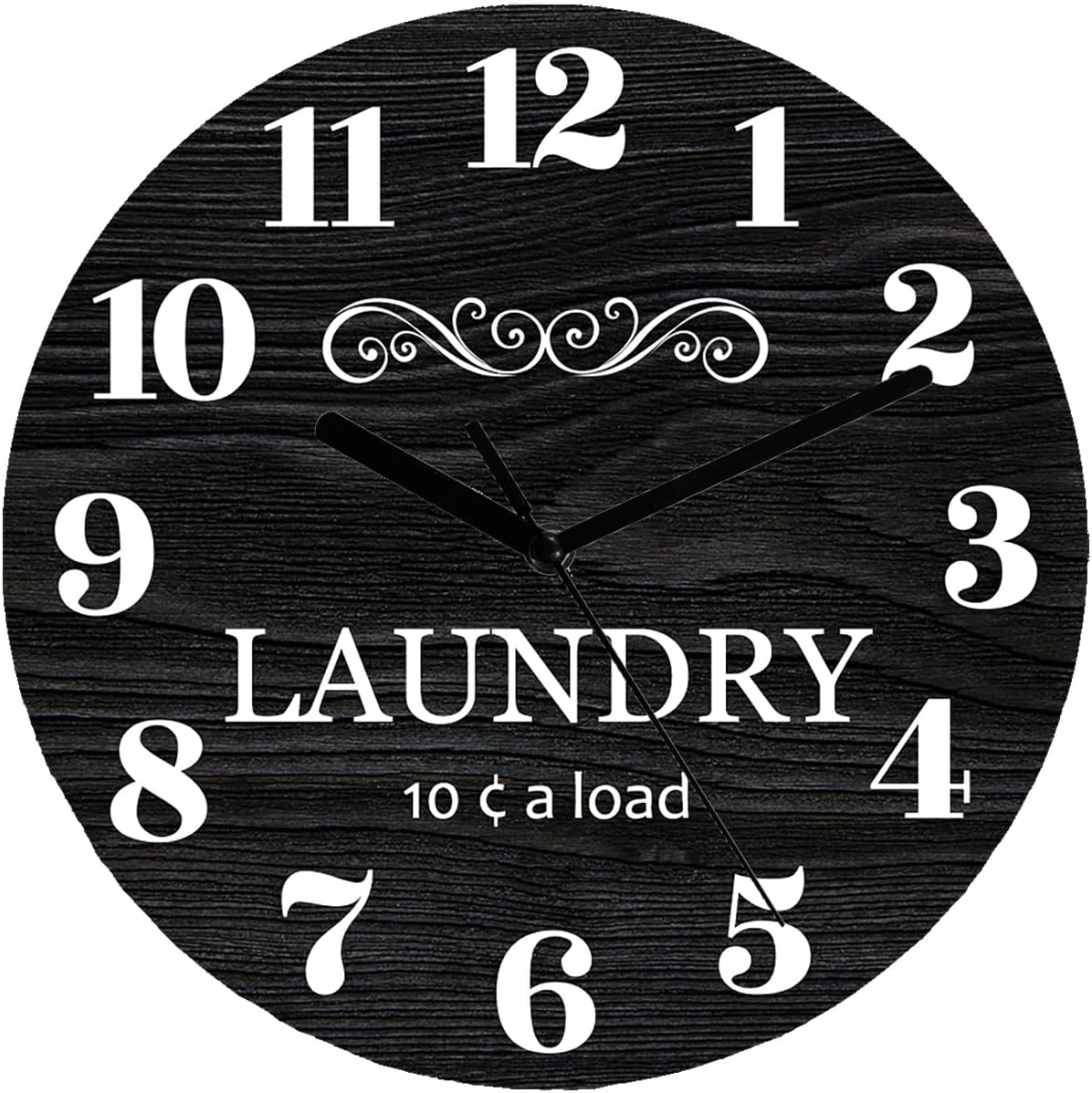 Reloj de pared redondo personalizado para lavandería, color negro, fácil de leer, analógico, rústico, funciona con pilas, silencioso, sin tictac,