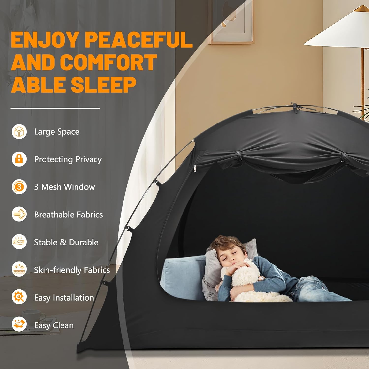 SUNYRISY Tienda de campaña para cama de tamaño matrimonial, tienda de campaña interior para adultos y niños, 3 puertas, tienda de campaña portátil