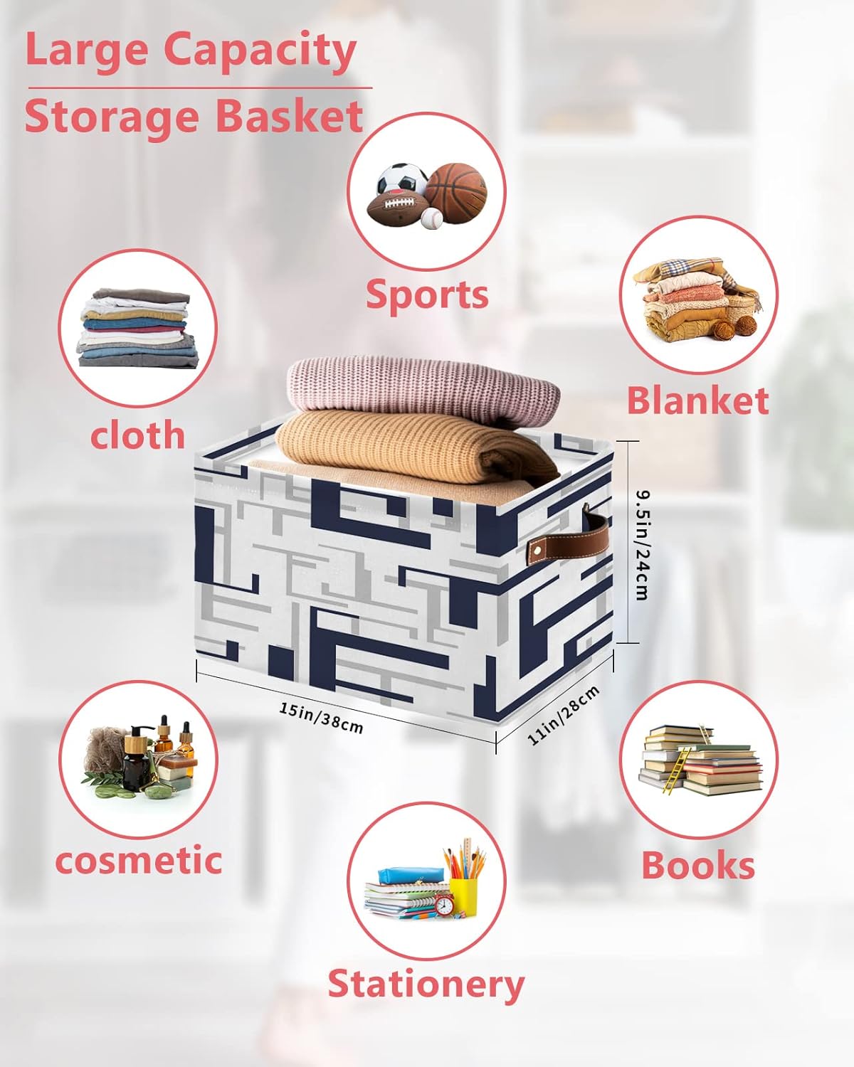Cesta de almacenamiento azul marino y gris para organizar estantes, cajas de almacenamiento plegables con asa, cesta de lona moderna geométrica