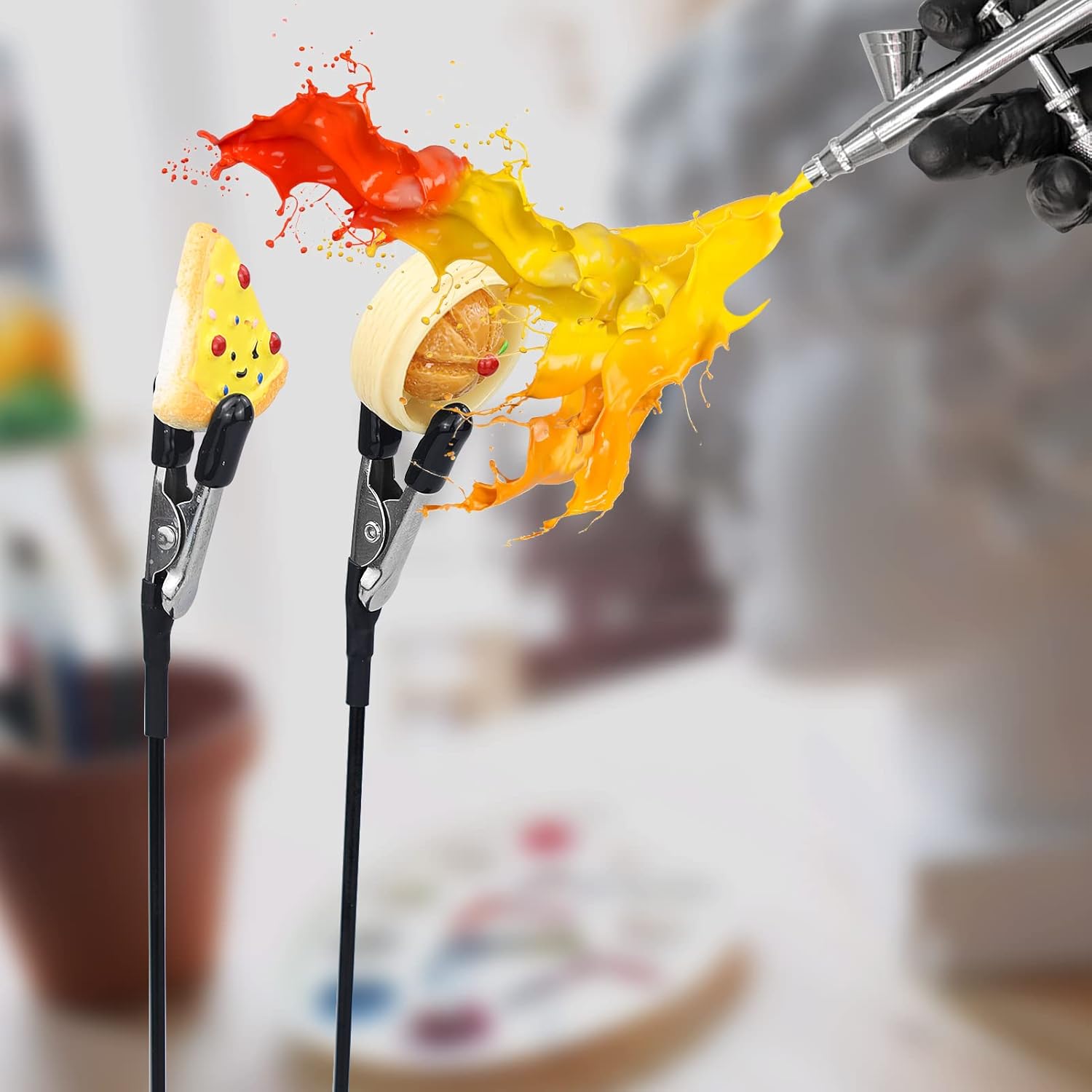 45 barras de clip de cocodrilo (puntas de goma mejoradas) para pintura de modelos y 1 cepillo de limpieza para aerógrafo, rociar, piezas de modelado