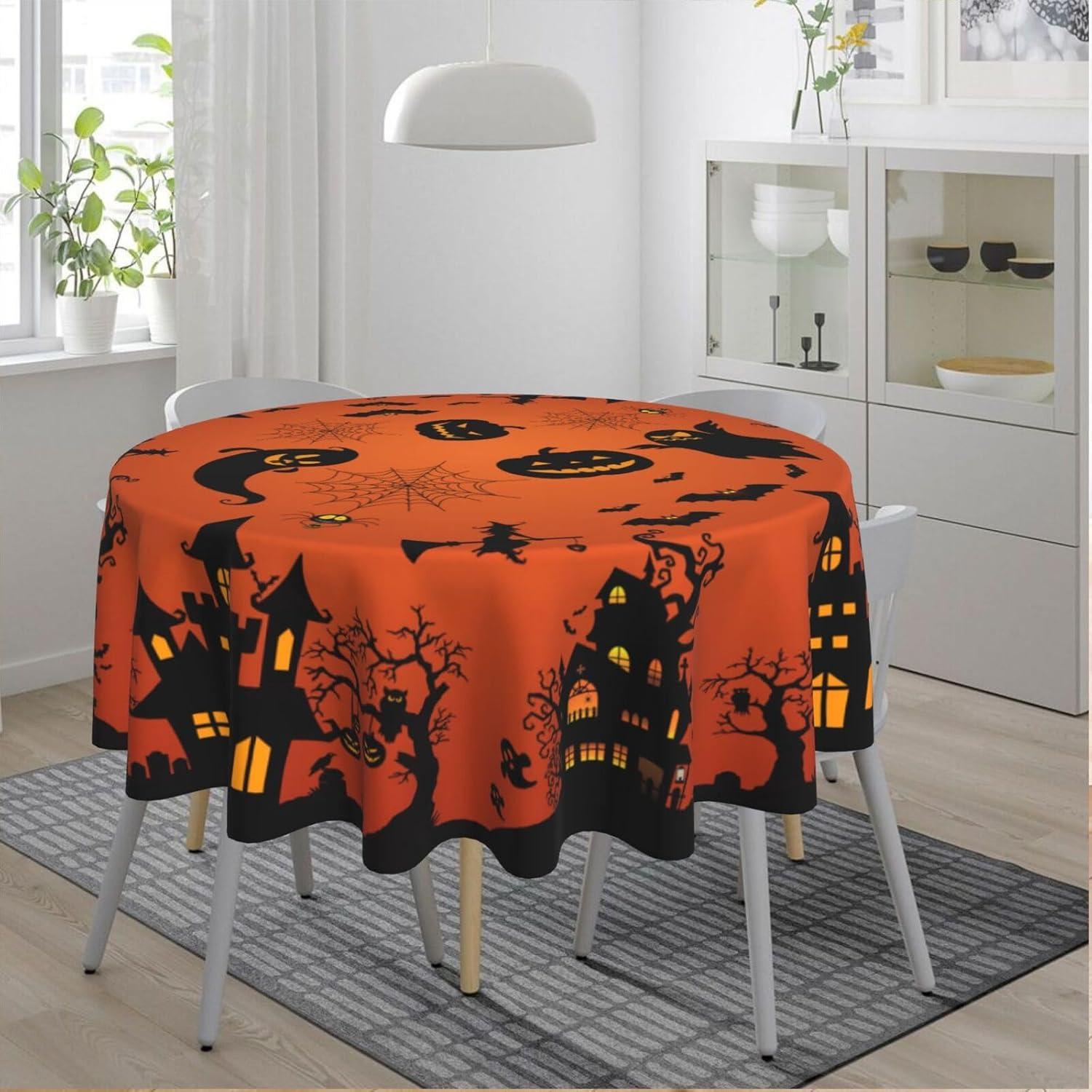 Gianlaima Mantel redondo de tela de araña de Halloween, diseño de calabaza, murciélago, bruja, impermeable, lavable, para el hogar, restaurante,