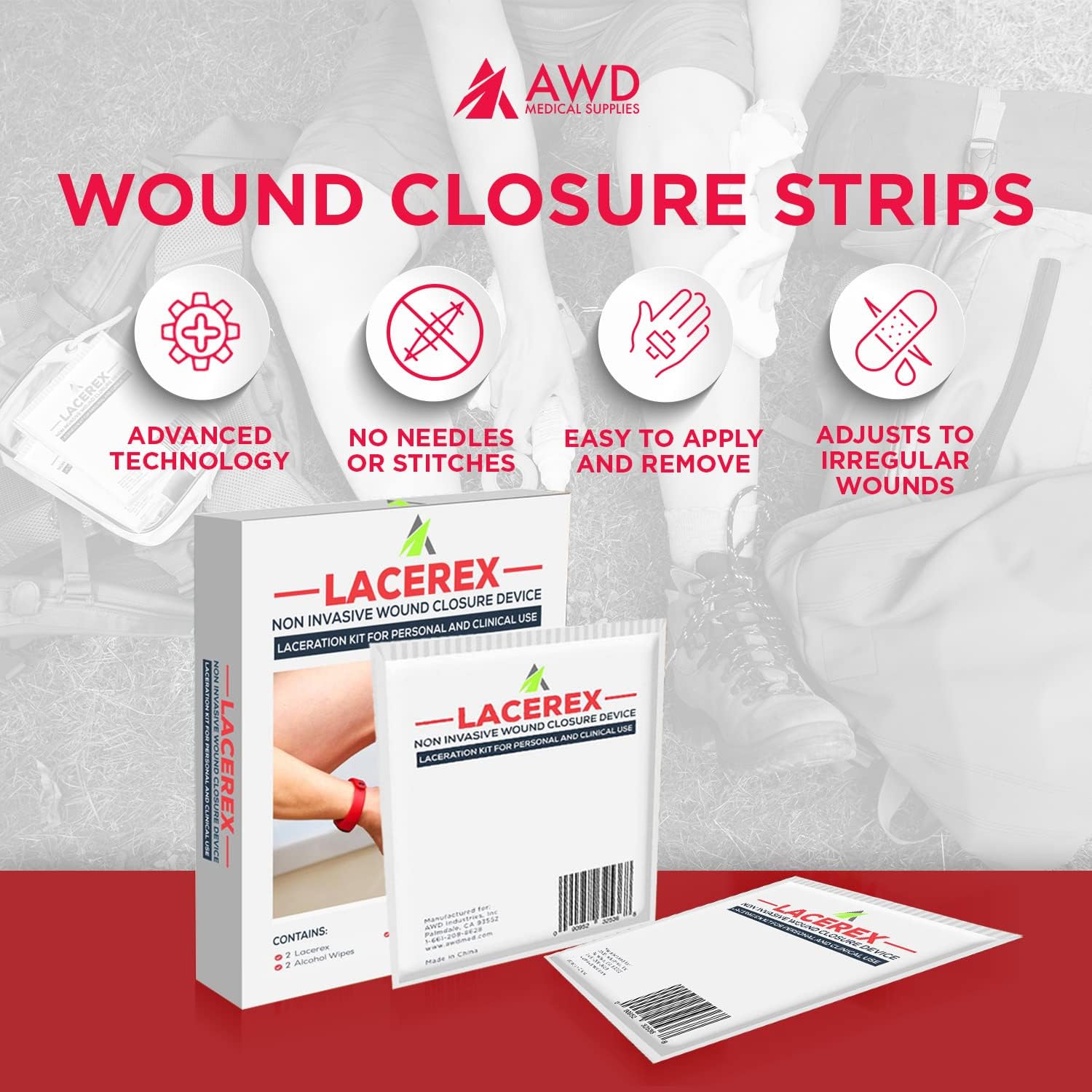 AWD Zip Stitch – Tiras quirúrgicas para cierre de heridas, 2 dispositivos de punto de cremallera, 2 gasas estériles, 2 toallitas con alcohol,