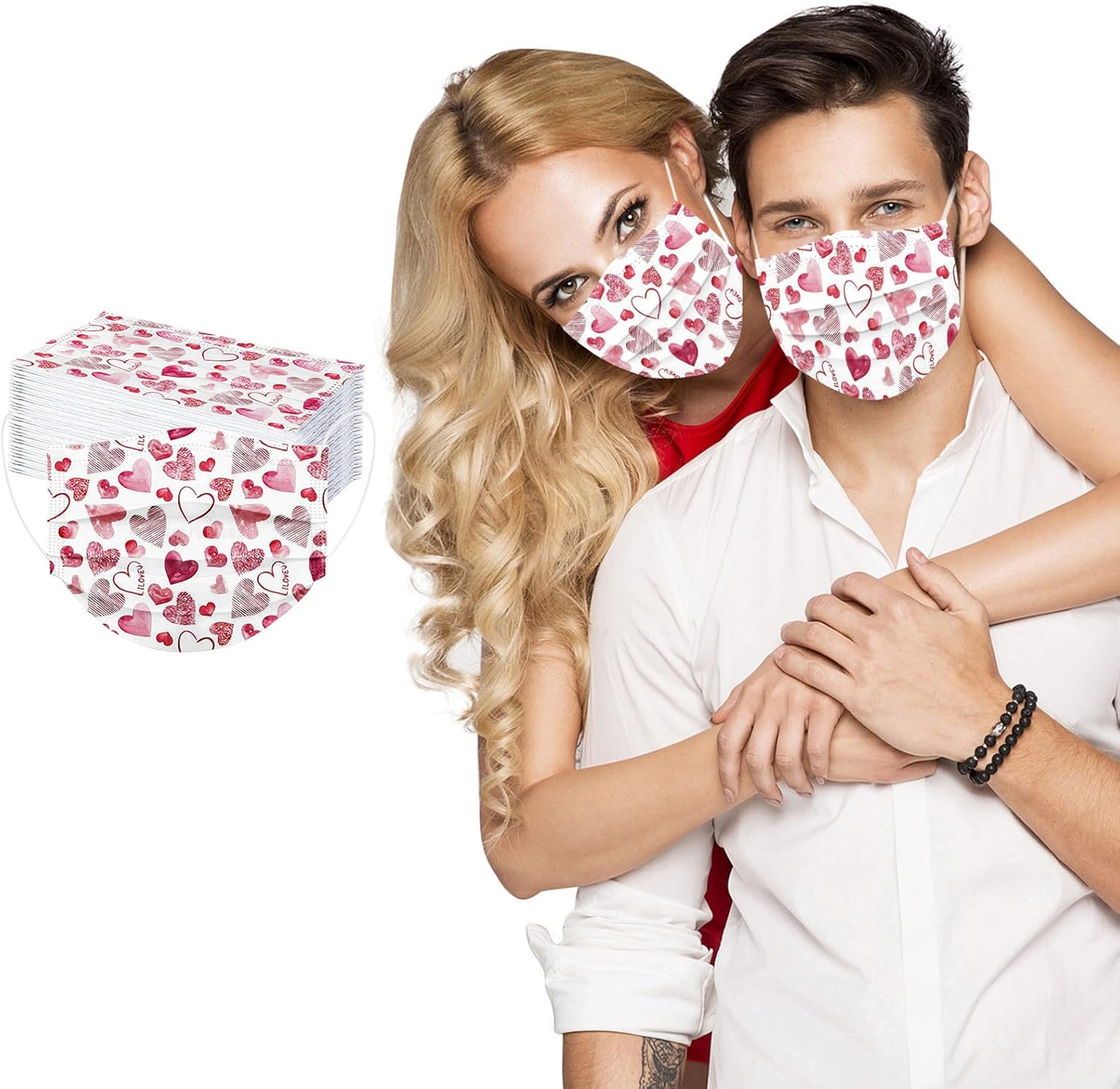 Paquete de 50 mascarillas desechables de San Valentín para adultos, con estampado de corazón, desechables, para adultos, vacaciones, parejas,