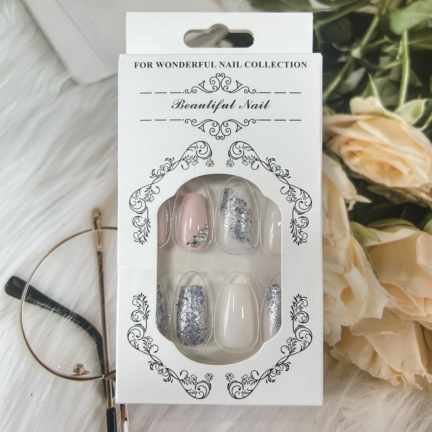 Uñas postizas artificiales a presión de longitud media con diseño de lentejuelas plateadas, cobertura completa, reutilizables, rosadas, en forma de