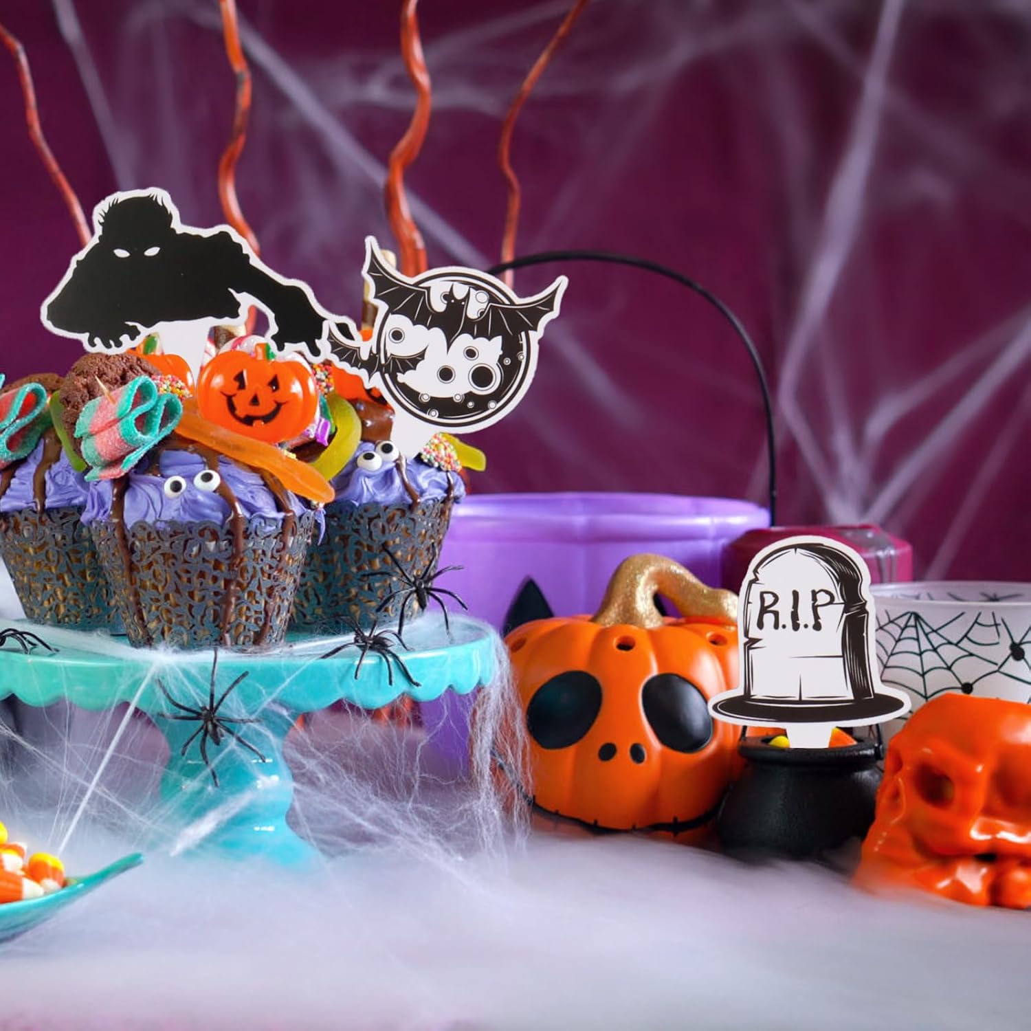 48 decoraciones para cupcakes de Halloween, decoración de cupcakes de terror, calavera rosa, murciélago, calabaza, cupcakes, decoraciones para