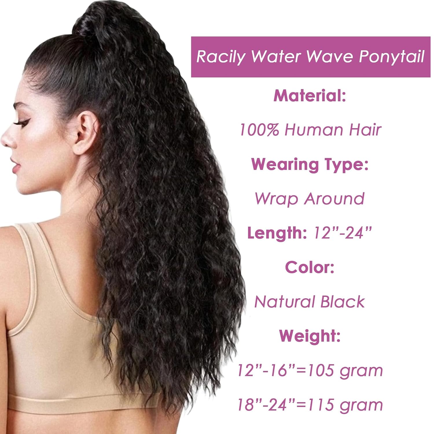 Extensión de cola de caballo de cabello humano, onda de agua, pasta mágica, ondulado, natural, coleta de caballo rizada 100% real, extensiones de
