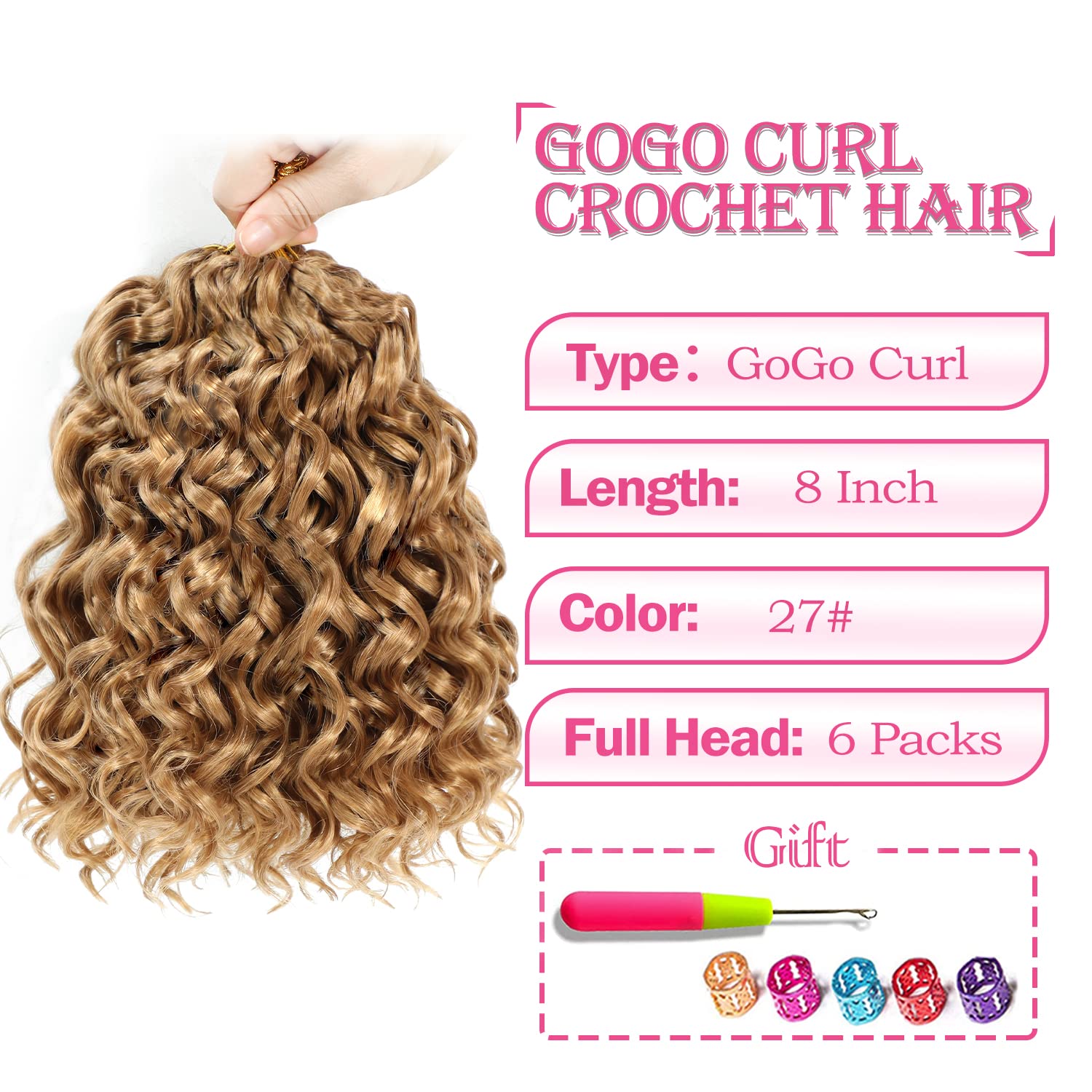 Gogo – Cabello rizado de ganchillo de 8 pulgadas, 6 paquetes, pelo corto rizado de ganchillo para playa, rizos de agua, cabello rizado con trenzas