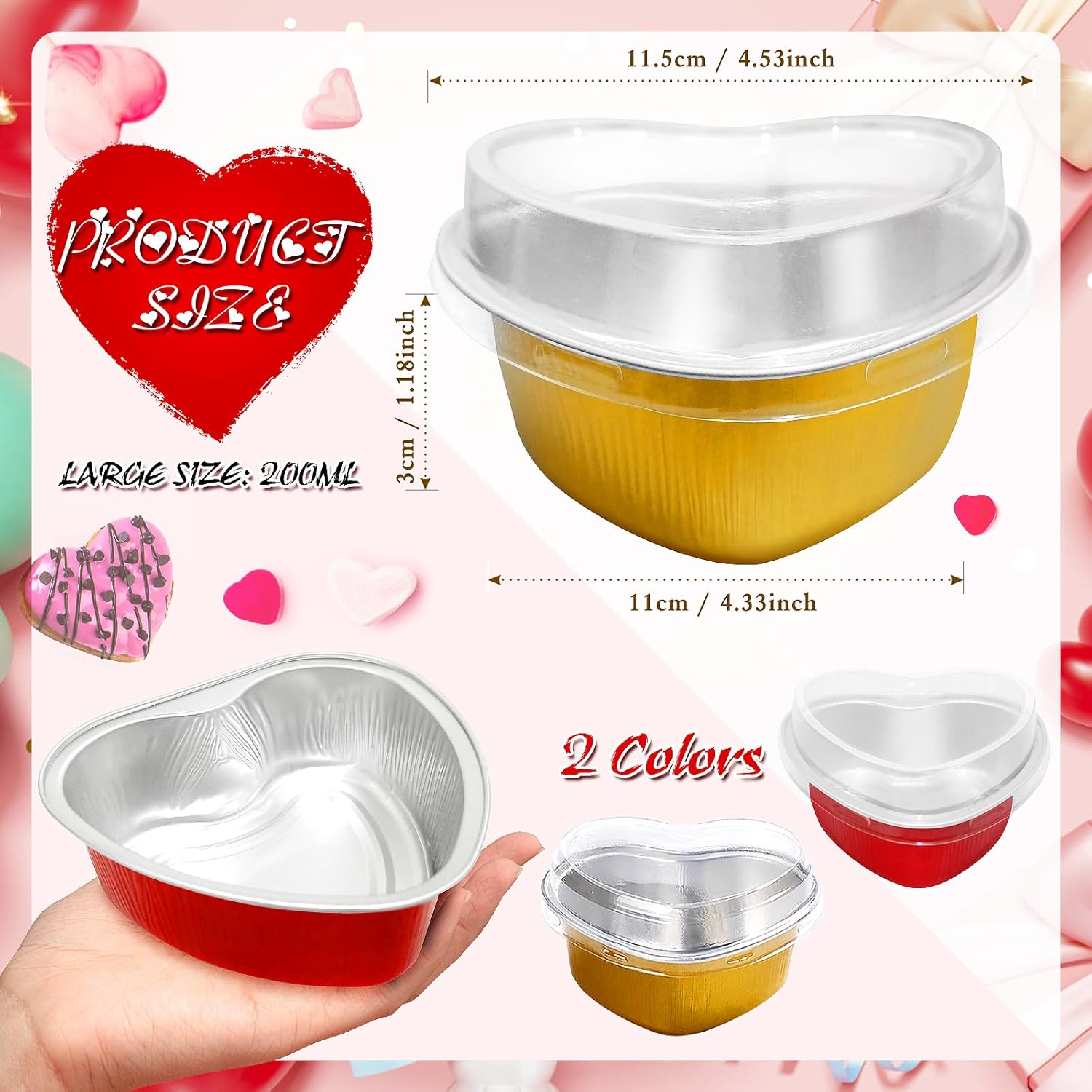 Kidum Juego de 50 sartenes de aluminio en forma de corazón de 6.8 onzas con tapas en forma de corazón, moldes desechables para cupcakes, recipientes