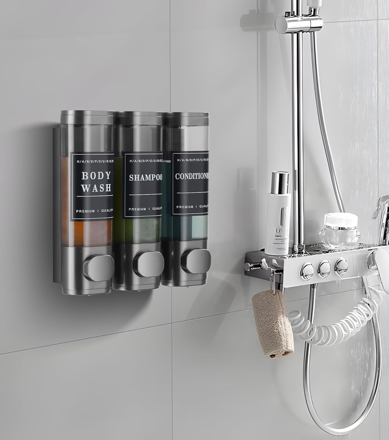 Dispensador de jabón de ducha montado en la pared, dispensador de champú sin taladro, dispensador de champú y acondicionador de pared de ducha,