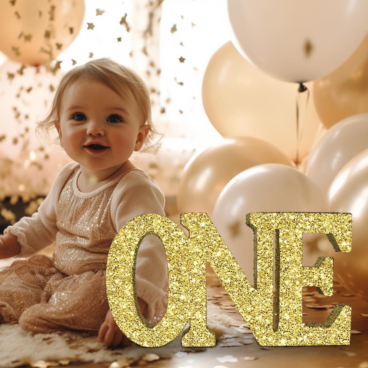 Eploger Letrero dorado pálido con purpurina para el primer cumpleaños, decoraciones de primer cumpleaños para niños y niñas