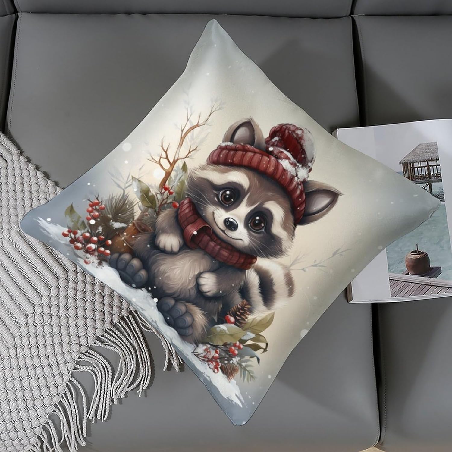 Fundas de almohada de satén con diseño de mapache de dibujos animados, Navidad, nieve, invierno, funda de almohada cuadrada de bosque natural con