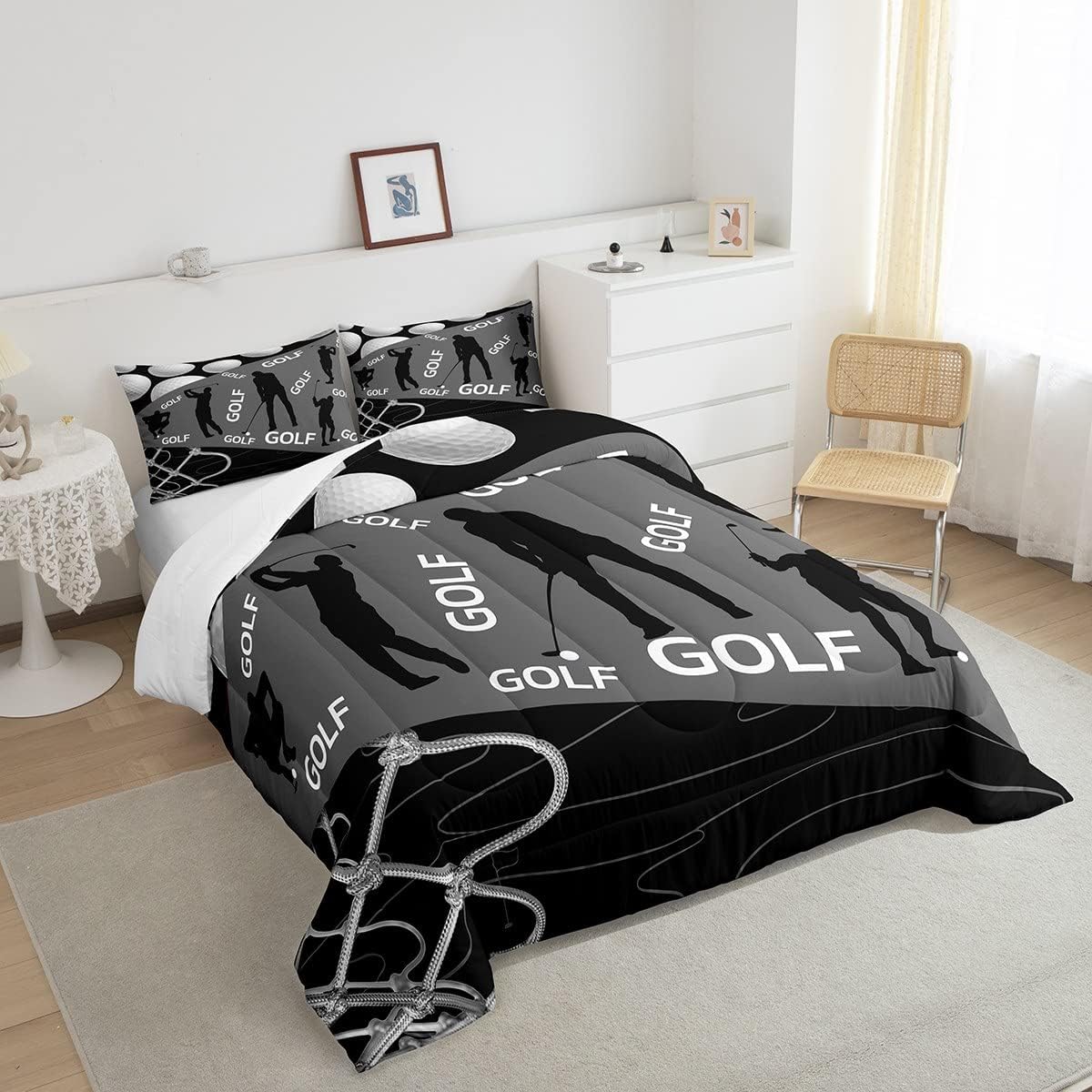 Erosebridal Juego de ropa de cama de golf para niños, juego de edredón deportivo para niños, color gris y negro, ropa de cama de jugador de golf