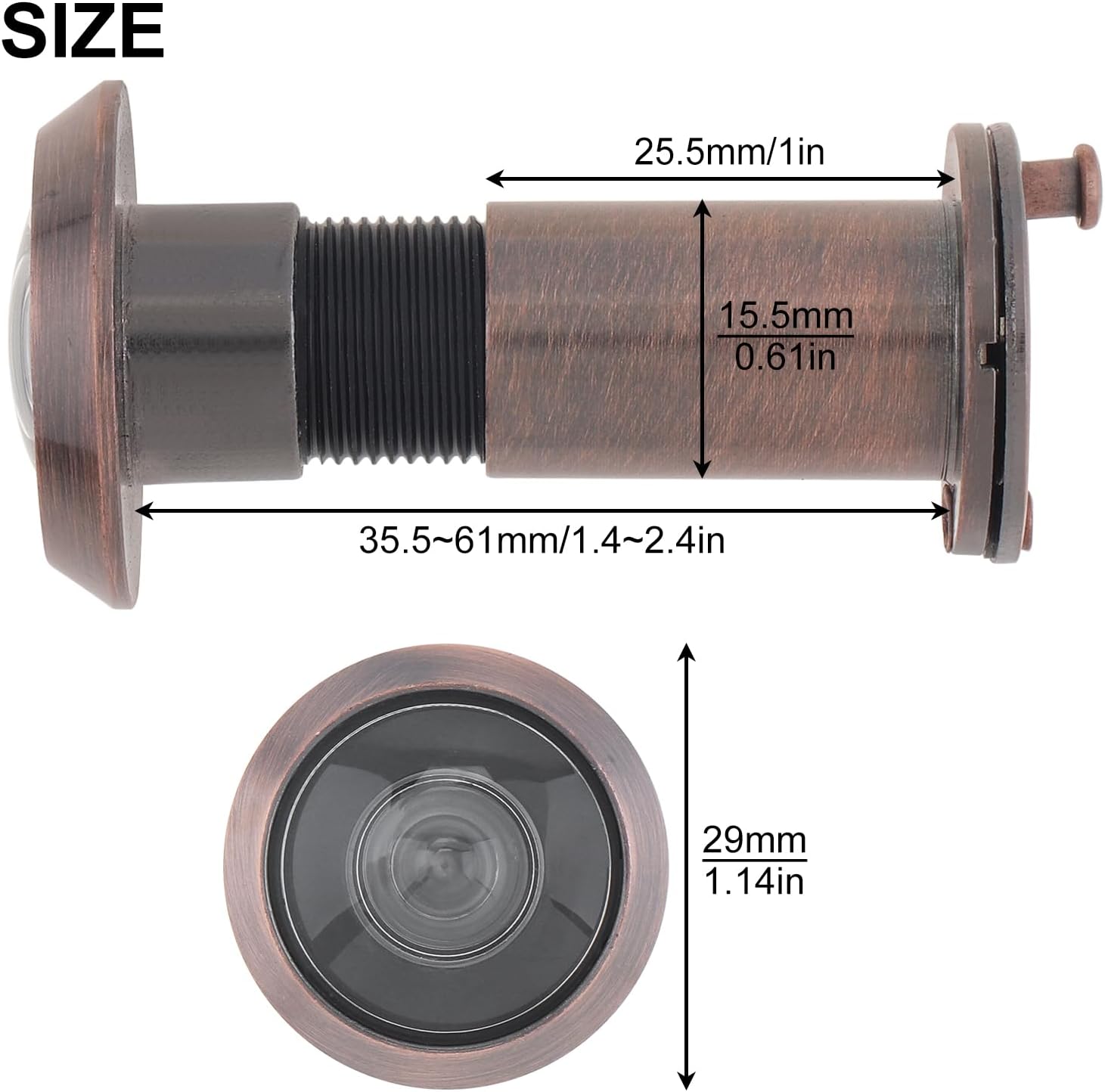 Mirilla de visualización de puerta, aleación de zinc de 200 grados con broca de 0.63 pulgadas para puertas de 1-12 a 2-38 pulgadas (cobre antiguo