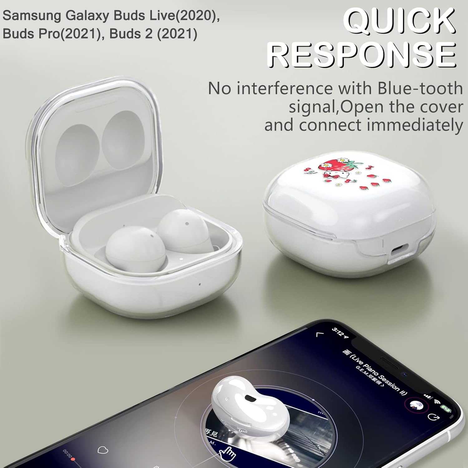 Bonita funda de gato para Samsung Galaxy Buds 2Buds Pro con llavero Kawaii de gato de fresa para mujeres y niñas, funda protectora de silicona suave
