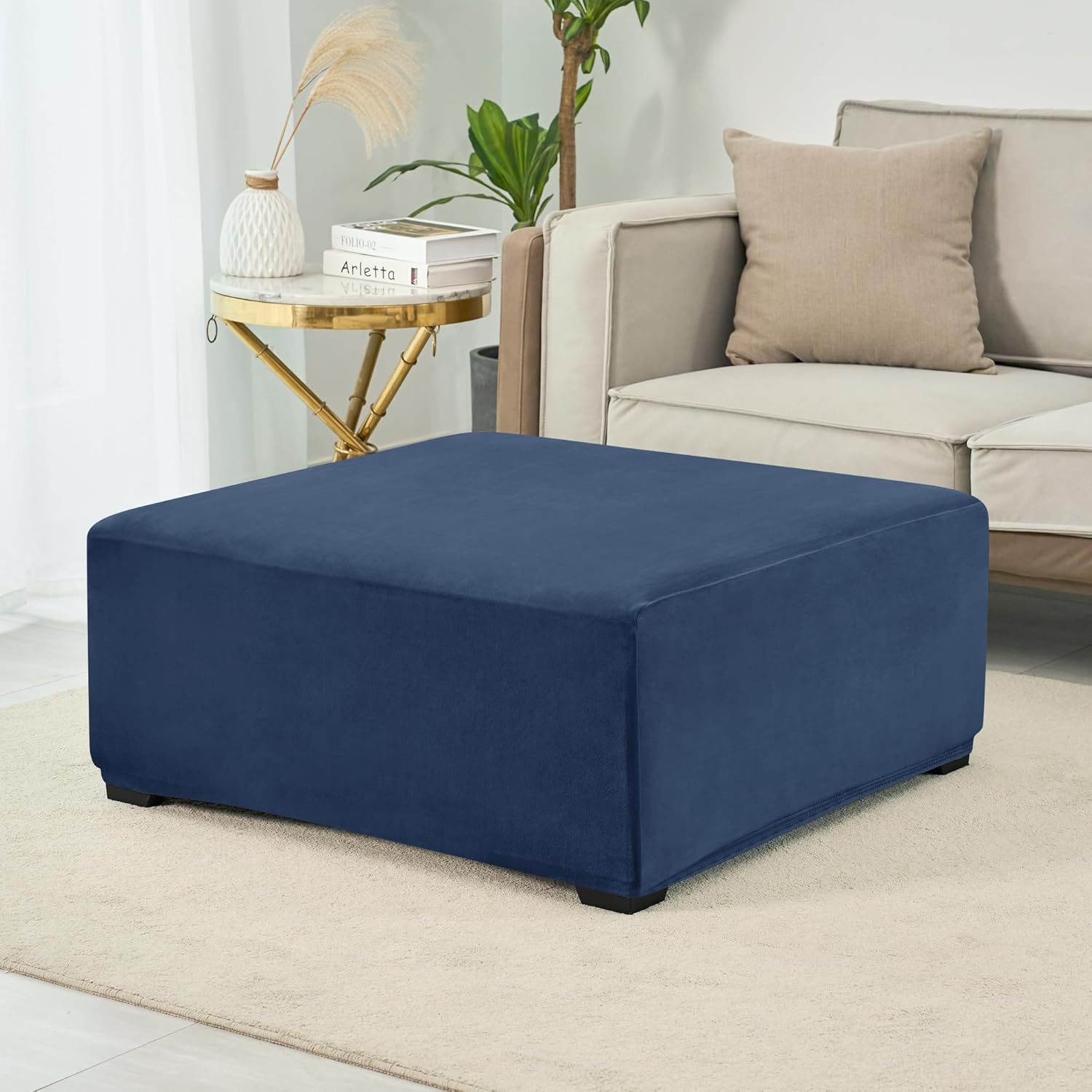 Funda otomana cuadrada, de terciopelo elástico, funda otomana cuadrada, funda otomana gruesa, lavable, funda otomana de almacenamiento con parte