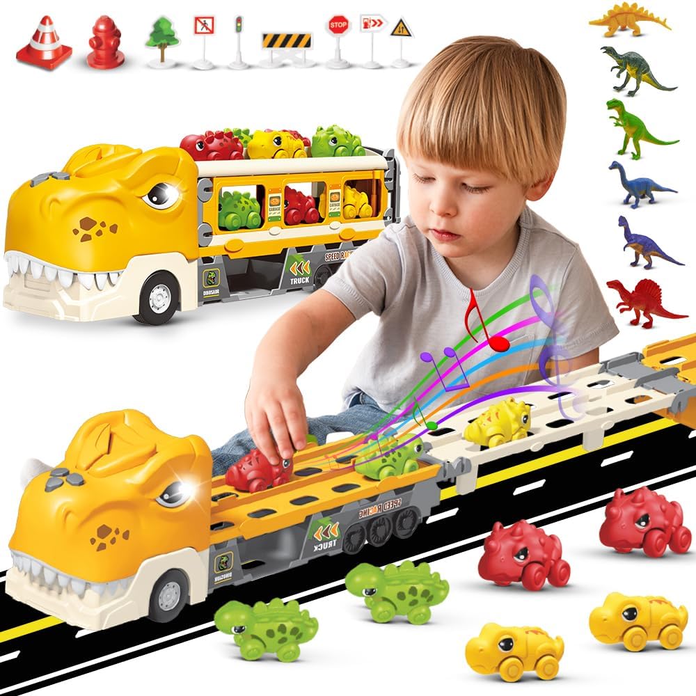 Camión de dinosaurios para niños de 3 a 5 años  Transporte de dinosaurios con pista de carreras plegable y 6 autos de carreras de dinosaurios