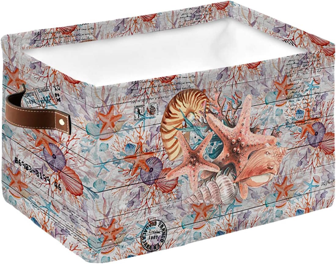 Storage Bins Cubes Waterproof Cloth Storage Basket, Rustic Ocean Starfish Foldable Storage Bags for Shelf Closet Clothes Storage Organizers with