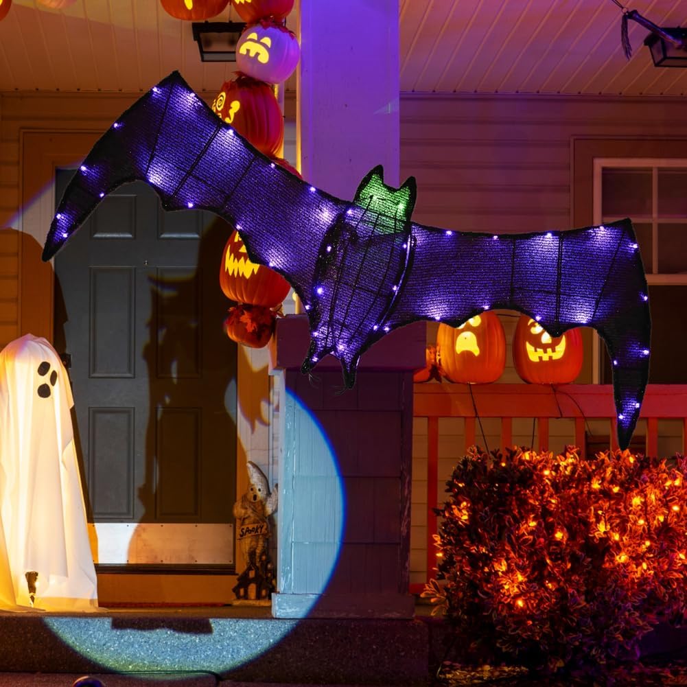Decoración de murciélago colgante de Halloween, murciélago con purpurina con 45 luces moradas para Halloween, pared, puerta delantera, porche,
