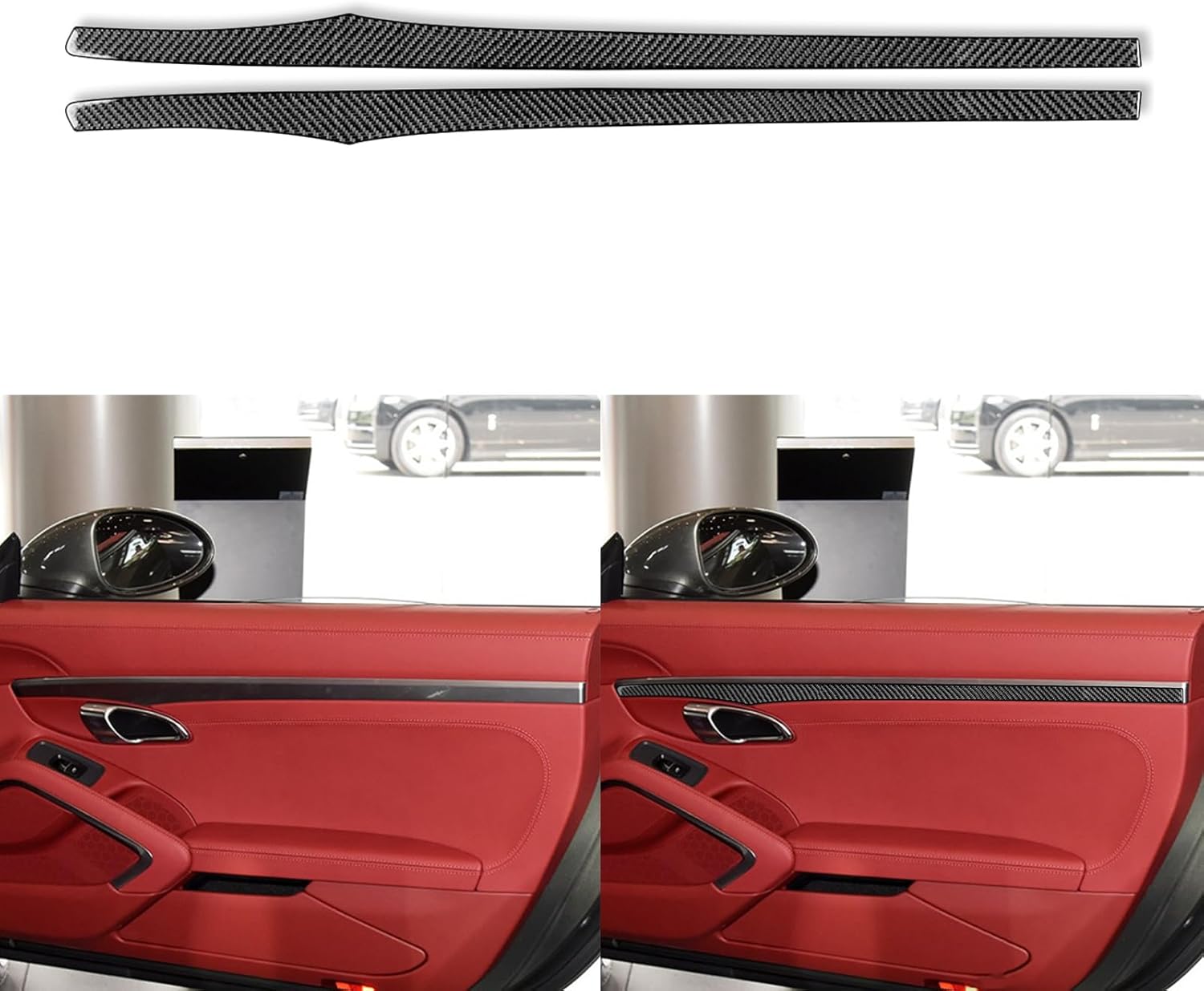Tira decorativa de fibra de carbono real para manija de puerta interior de coche, tira decorativa, adhesivo suave compatible con Porsche 718 982