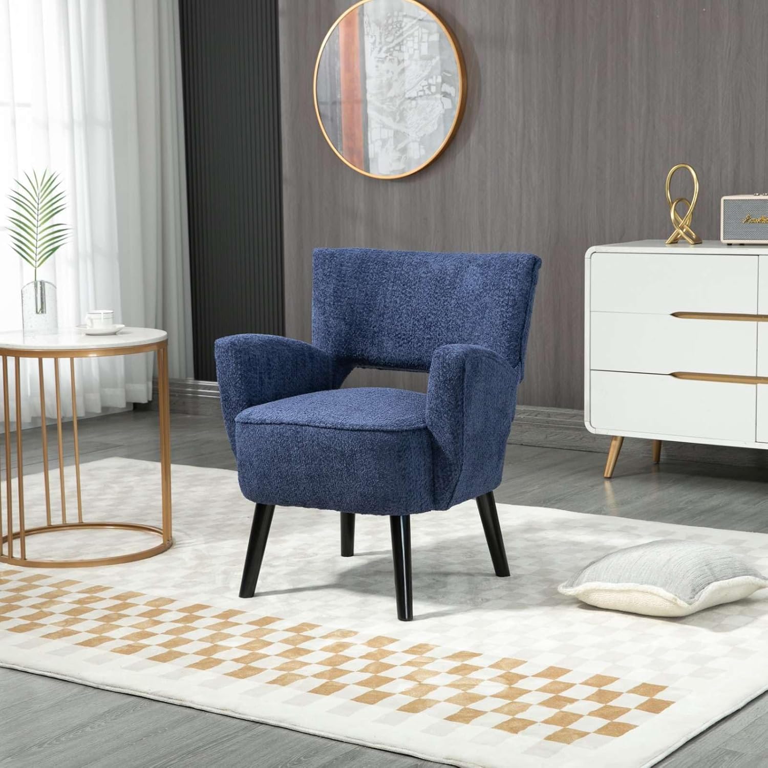 Silla decorativa de tela con asiento tapizado, moderna y elegante silla de sala de espera con brazos de madera maciza, color azul claro