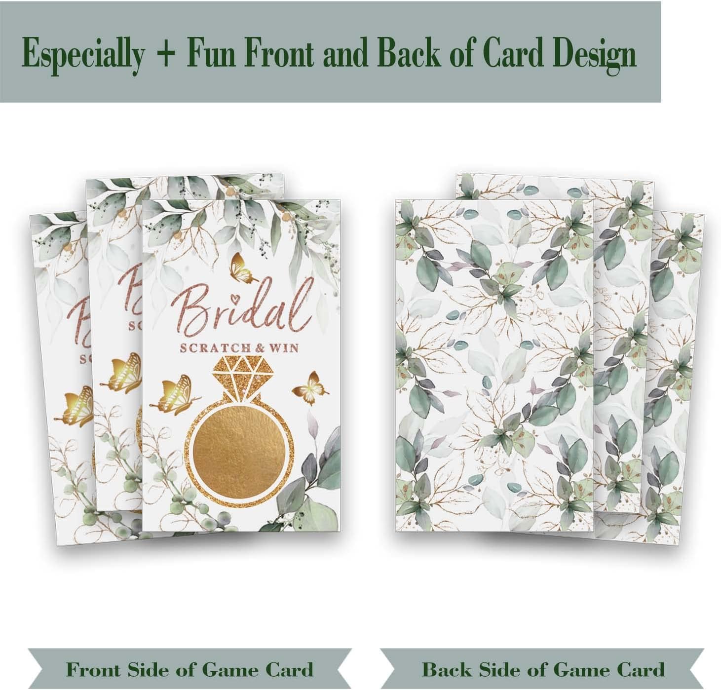 Tarjeta para raspar para despedida de soltera, paquete de 50 unidades, eucalipto dorado mariposa verde jardín, juego de lotería de despedida de