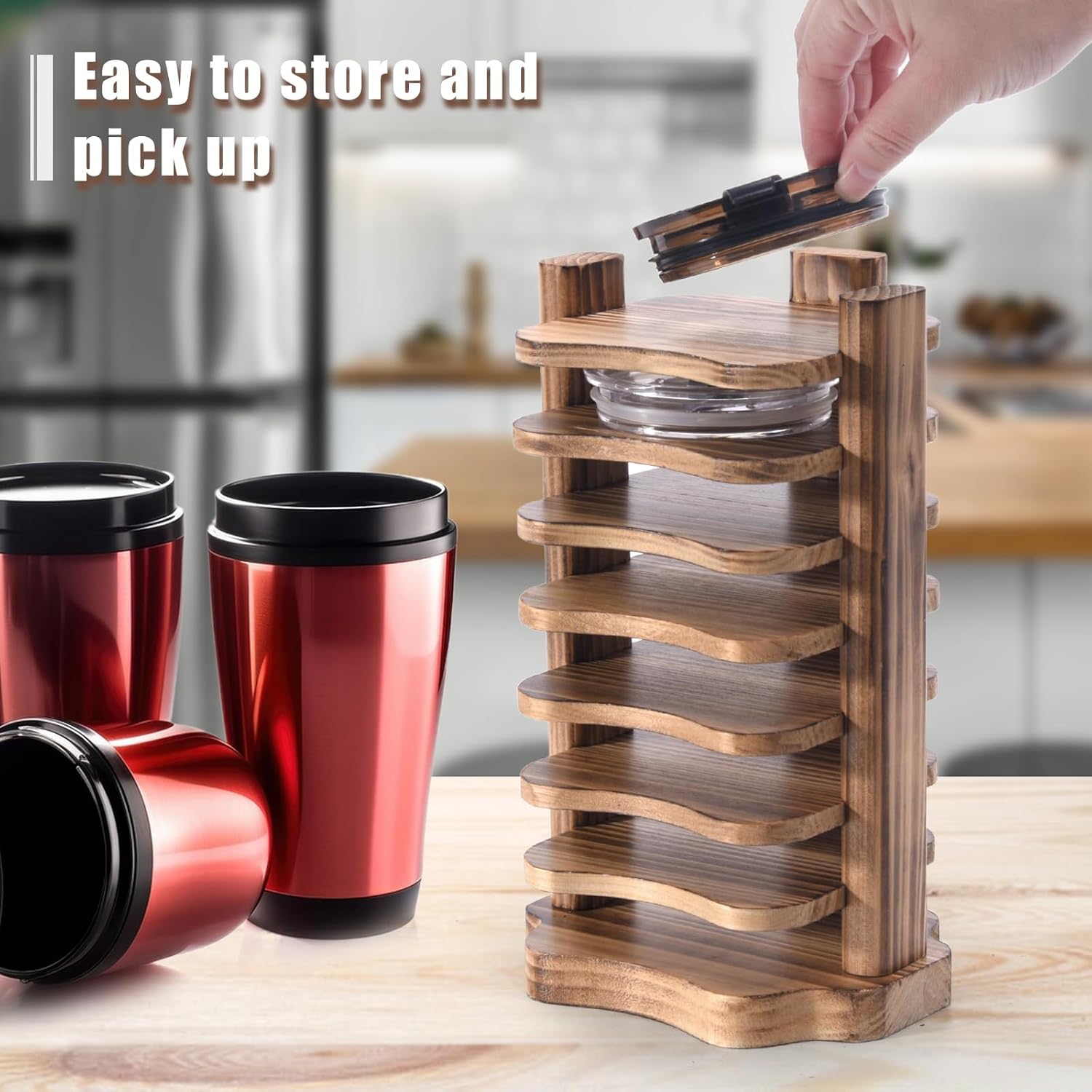 Organizador de tapa de vaso para armarios de cocina, estante de almacenamiento de tapa de vaso de madera con soporte de 8 niveles, organizador