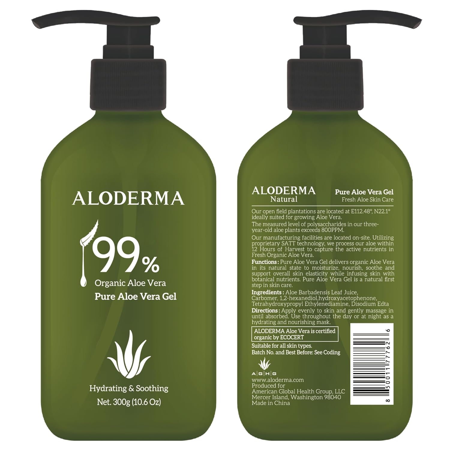 Aloderma Gel de aloe vera 99 % orgánico fabricado dentro de las 12 horas de cosecha  Botella dispensadora  Gel de aloe ligero para cara y cuerpo,