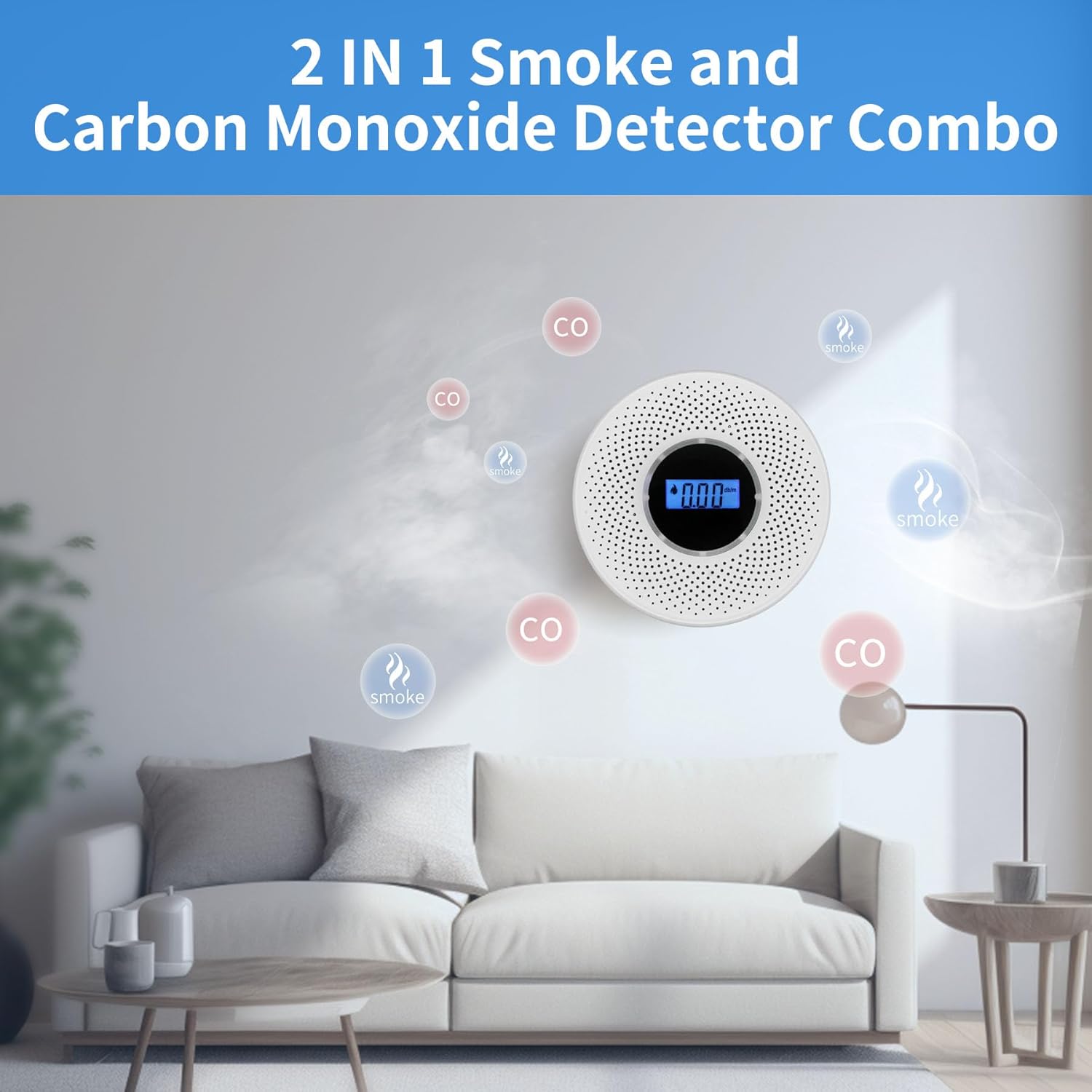Coreel Detector de humo detector de monóxido de carbono combinado con pantalla digital y alarma de luz de sonido, alarma de humo y CO 2 en 1 con
