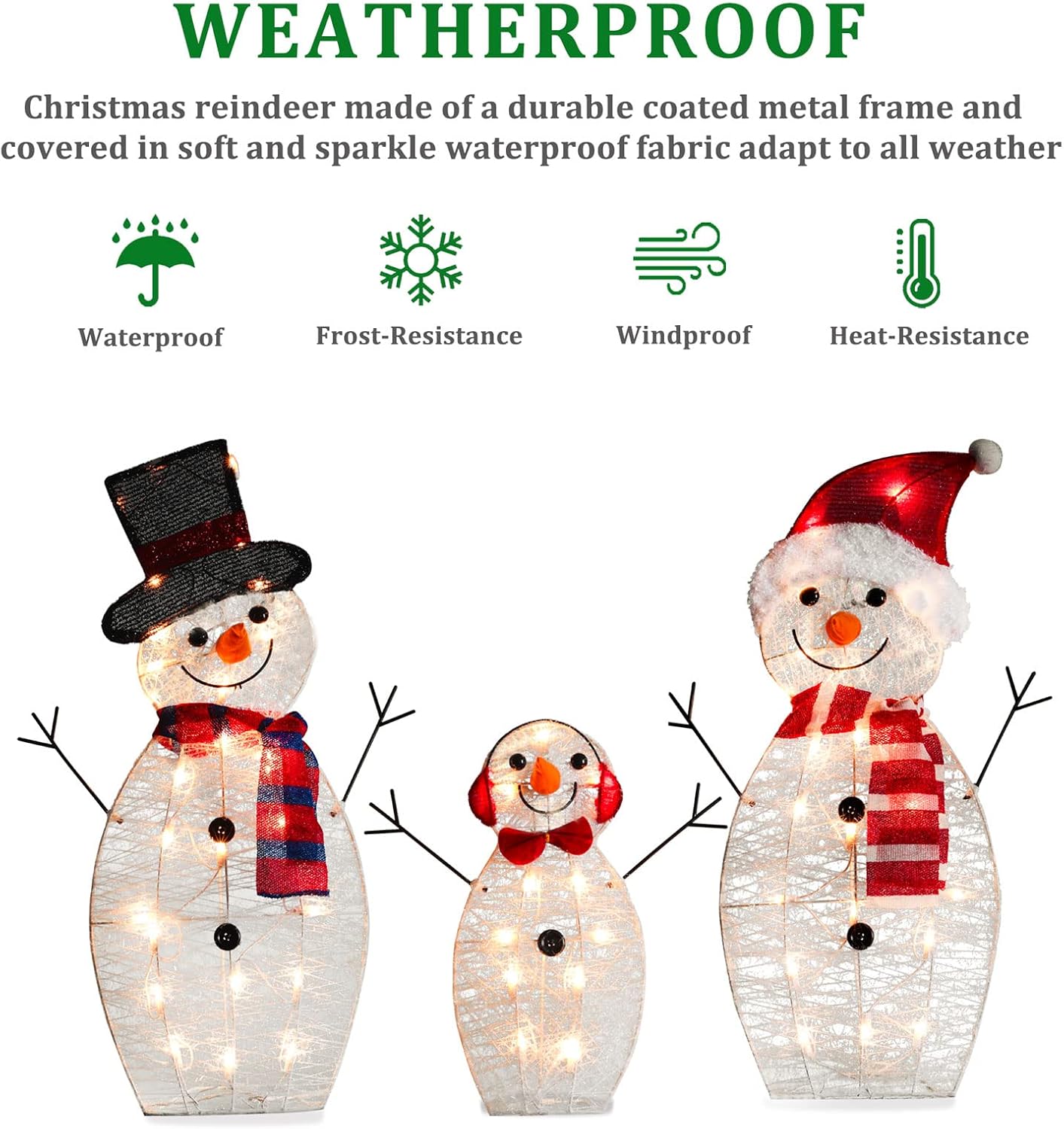 SUNNYPARK Juego de 3 decoraciones navideñas de muñeco de nieve para exteriores, 31 pulgadas, 60 luces preiluminadas para exteriores, decoraciones de