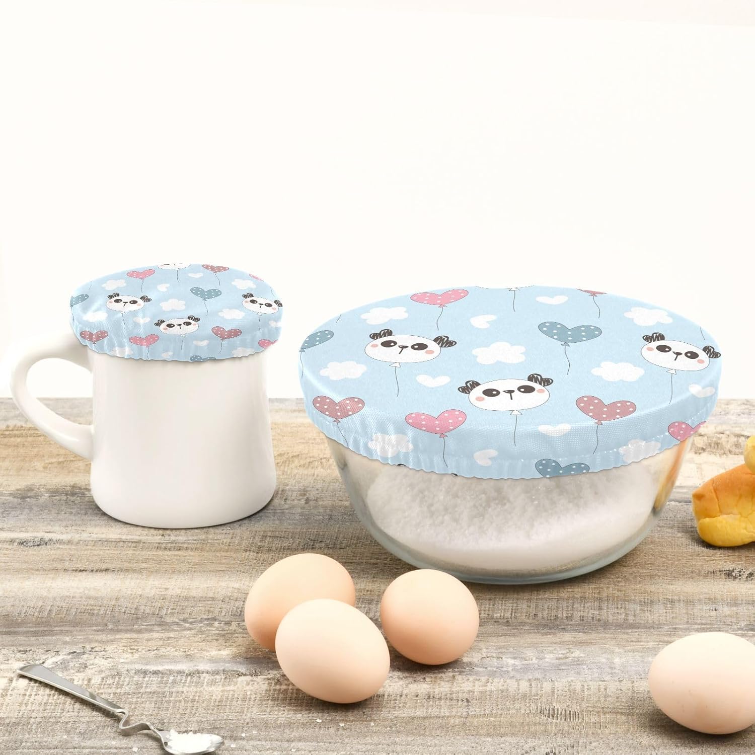 Pandas Hearts – 5 fundas elásticas reutilizables para tazones para almacenamiento de alimentos, tapas de tela elástica con 5 tamaños diferentes,