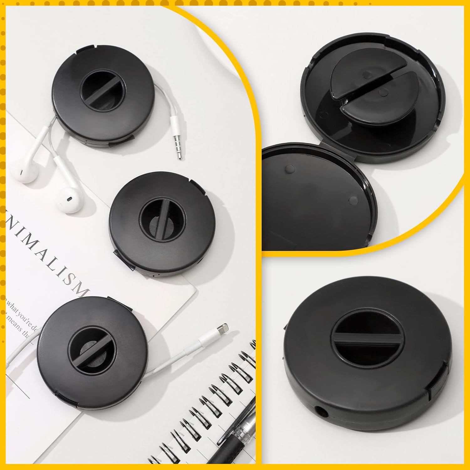 Organizador de cables de carga portátil negro, 9 piezas, soporte de cable de almacenamiento redondo, enrollador de cables retráctil, carrete de