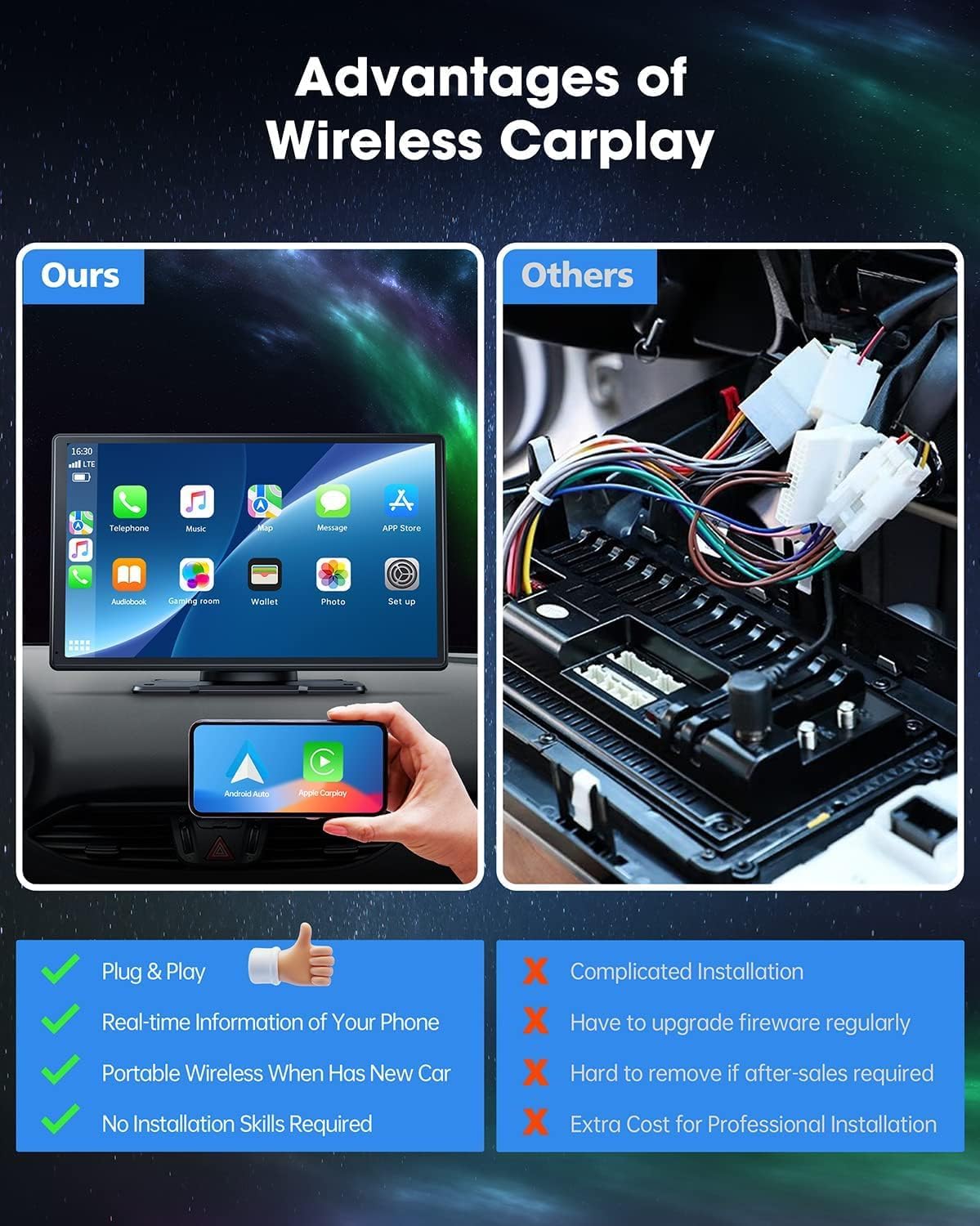 LAMTTO Estéreo inalámbrico portátil para automóvil Apple Carplay con cámara de tablero de 2.5 K, navegación GPS de pantalla táctil de 9 pulgadas