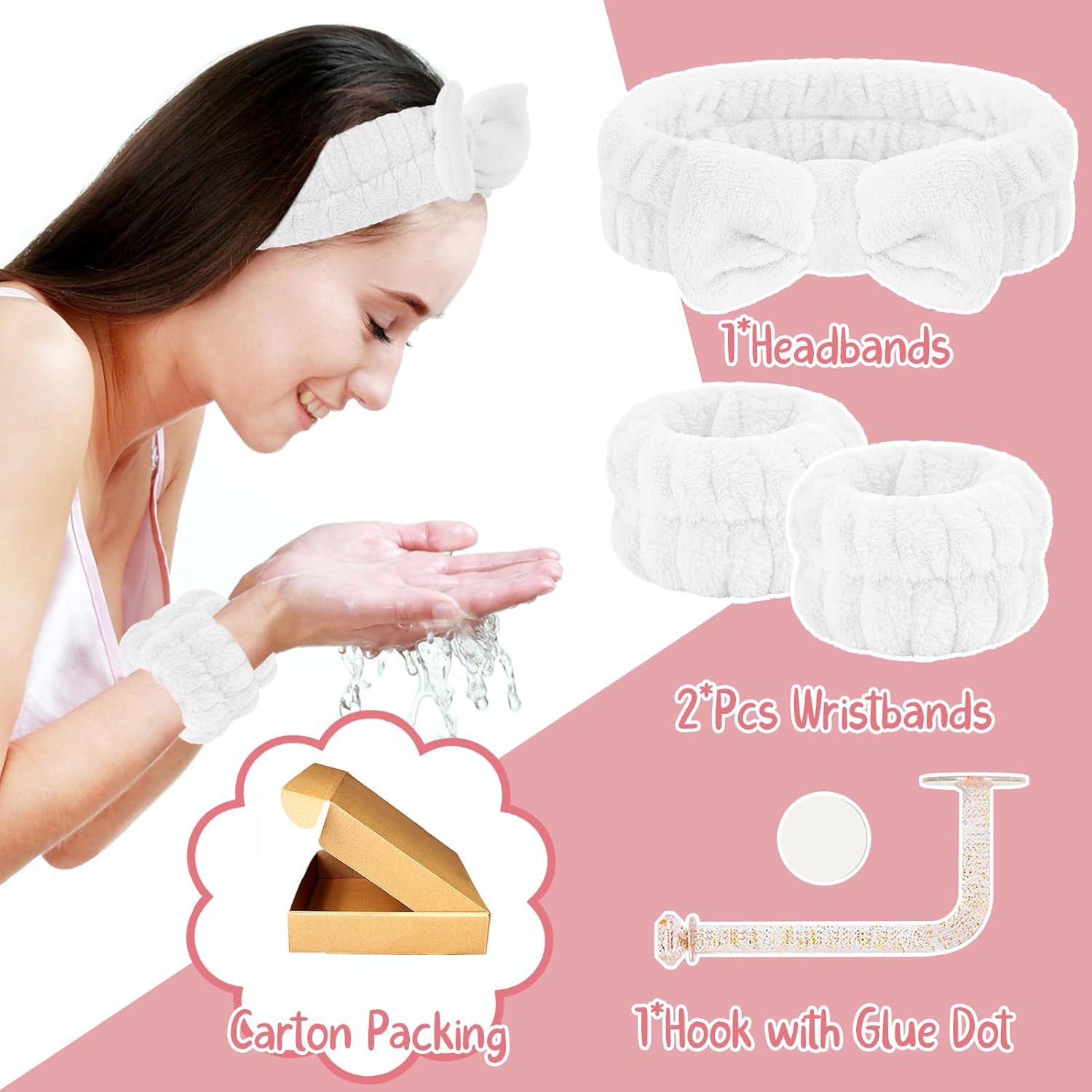 Juego de 2 diademas y muñequeras para lavado de cara, toallas de muñeca para lavar la cara con soporte, pulseras de microfibra para lavar la cara,