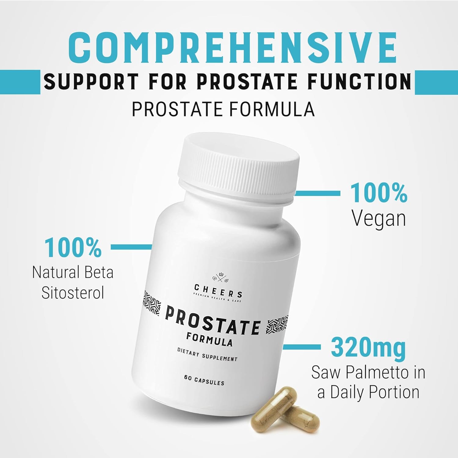 Cheers Complejo de próstata, fórmula, 60 cápsulas veganas para apoyo de la próstata y tracto urinario saludable, enriquecido con extractos de