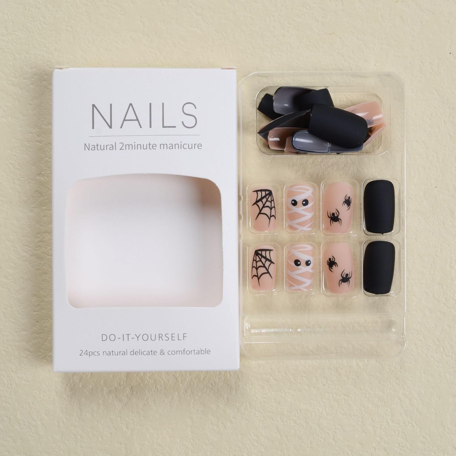 Uñas postizas cortas a presión de Halloween, uñas postizas cuadradas con diseño de momia de telaraña, uñas adhesivas negras, uñas acrílicas mate,
