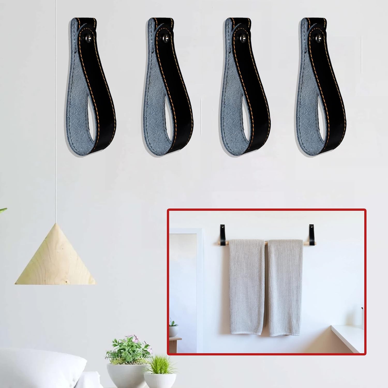 KT – Soporte para barra de cortina de cuero, 4 correas de cuero para colgar correas de cuero auténtico, ganchos de cuero para toalla de pared, baño,