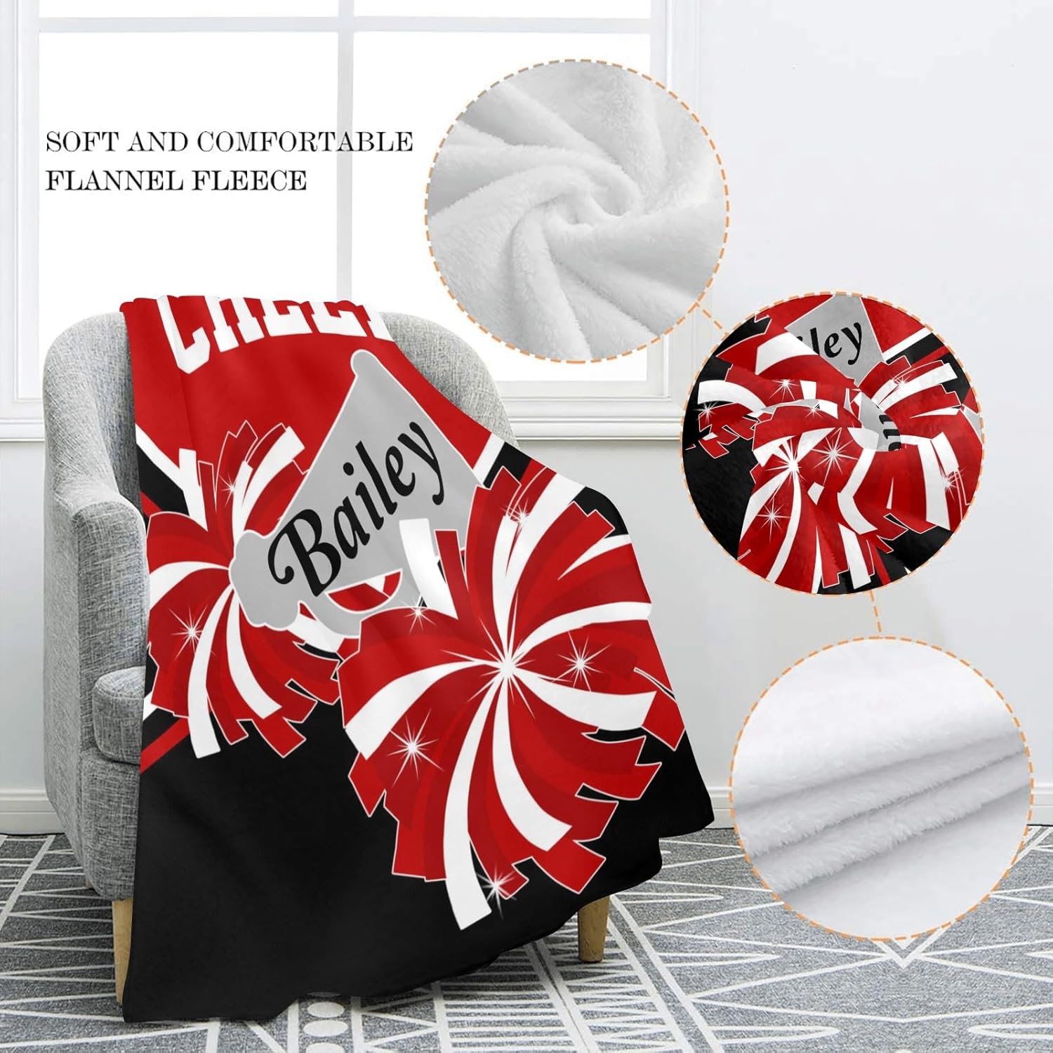 Manta personalizada de animadoras rojas y negras con nombre, suave y acogedora manta de forro polar para sofá, cama, viajes, camping, senderismo,