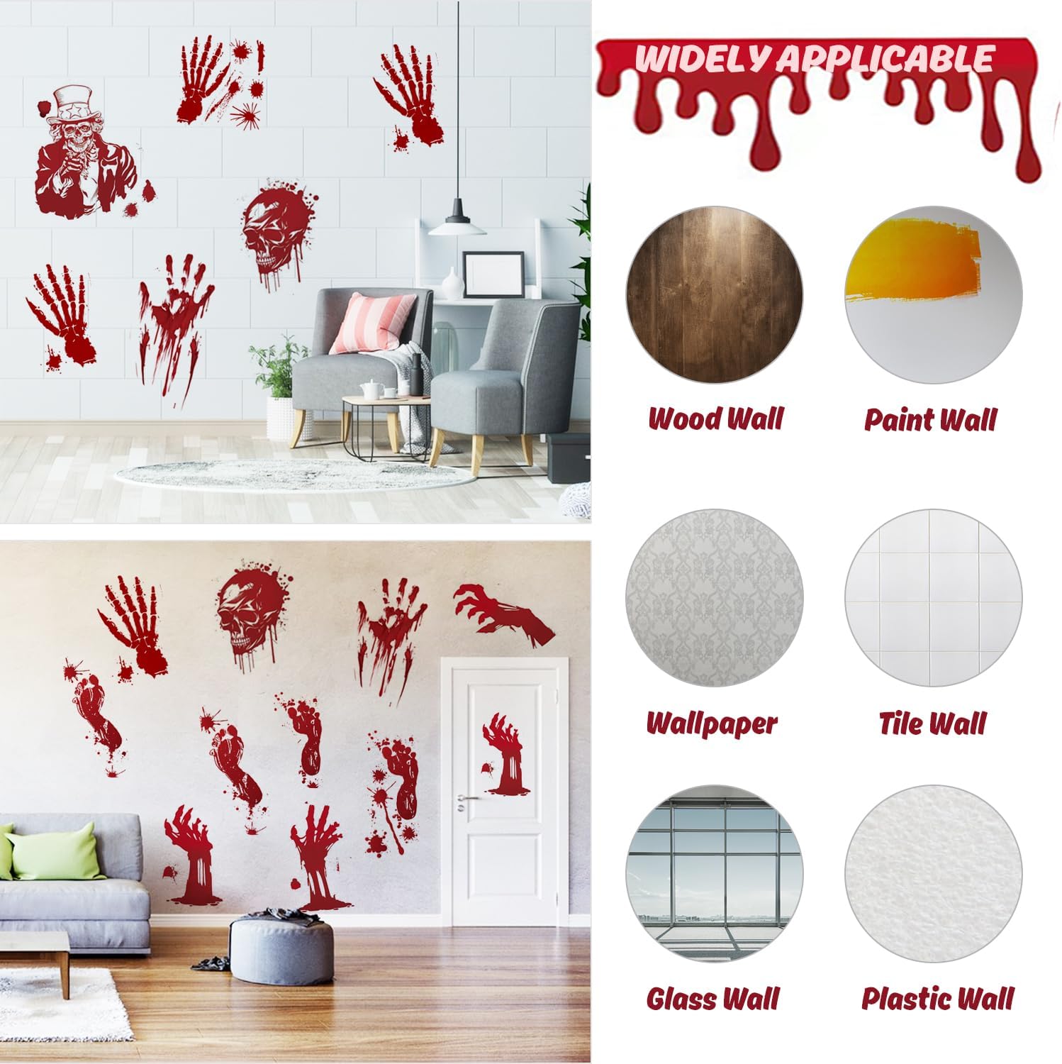 15 hojas de decoración de Halloween, 156 piezas de huellas de manos sangrientas de Halloween, calcomanías de ventana de esqueleto de terror,