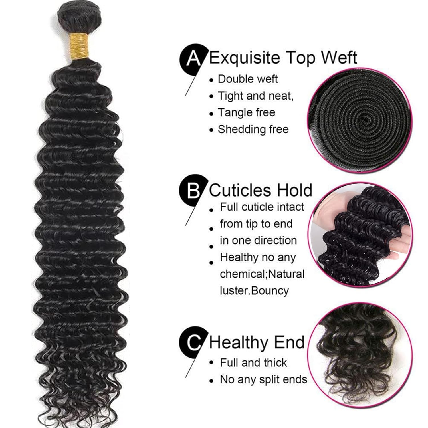 Flyzhuim Extensiones brasileñas de onda profunda de 30 pulgadas sin procesar, extensiones de cabello humano ondulado profundo, extensiones de