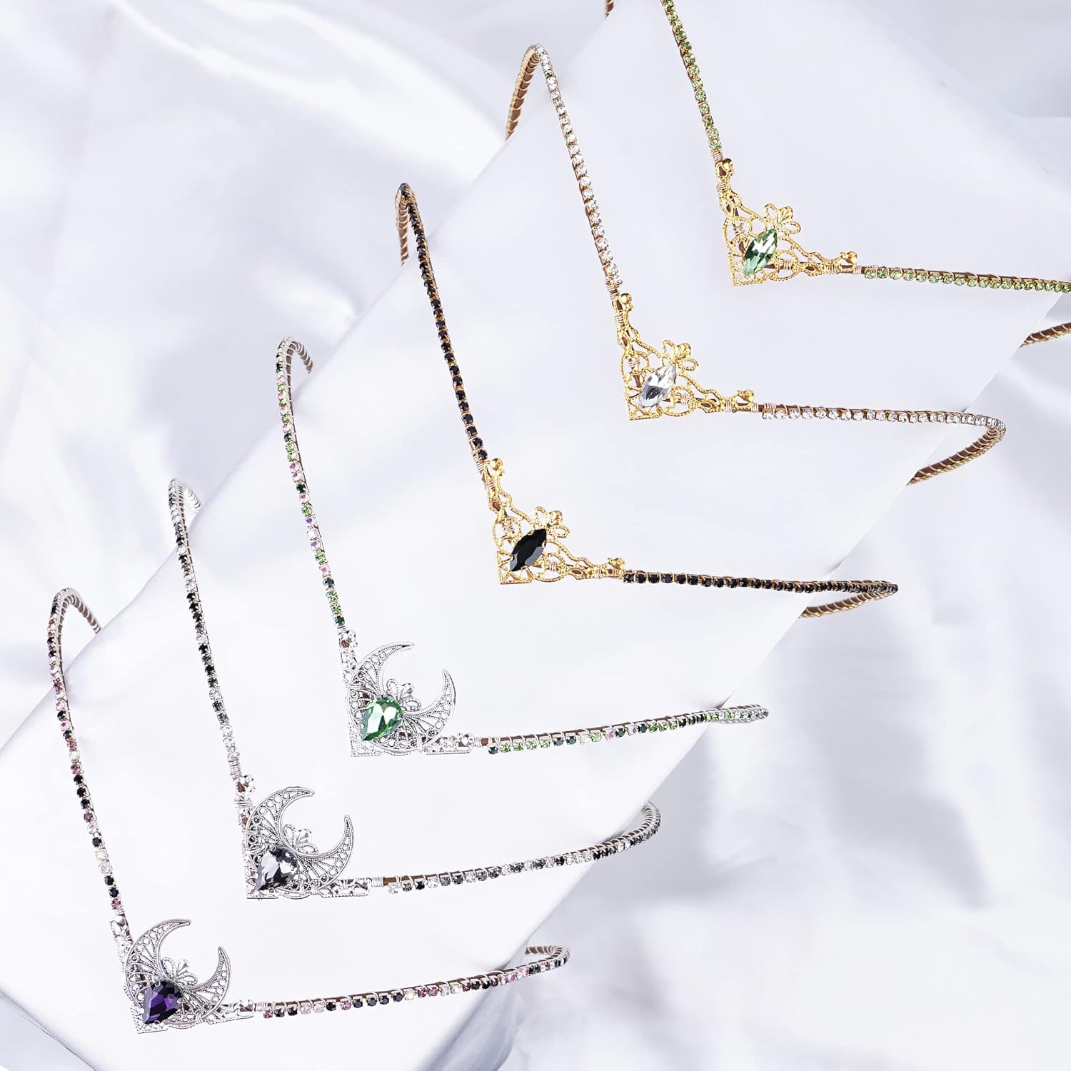 MOSTORY Handmade Silver Moon Fairy Crown Rhinestone Elf Headpiece Elven Tiara for Princess Goddess Cosplay Wedding Bridal Shower Renaissance Faire