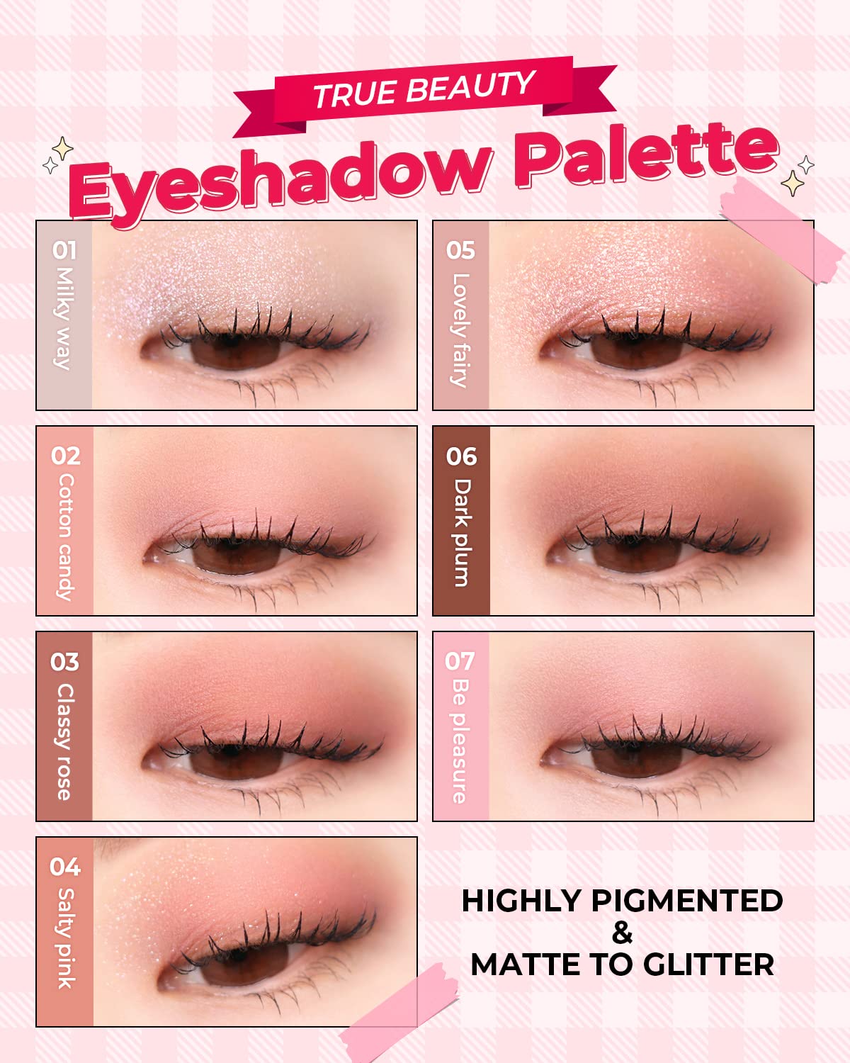 Edición de maquillaje AMTS x True Beauty, Paletas de sombras de ojos rosas, 7 colores, tonos metálicos brillantes mate, altamente pigmentados, de