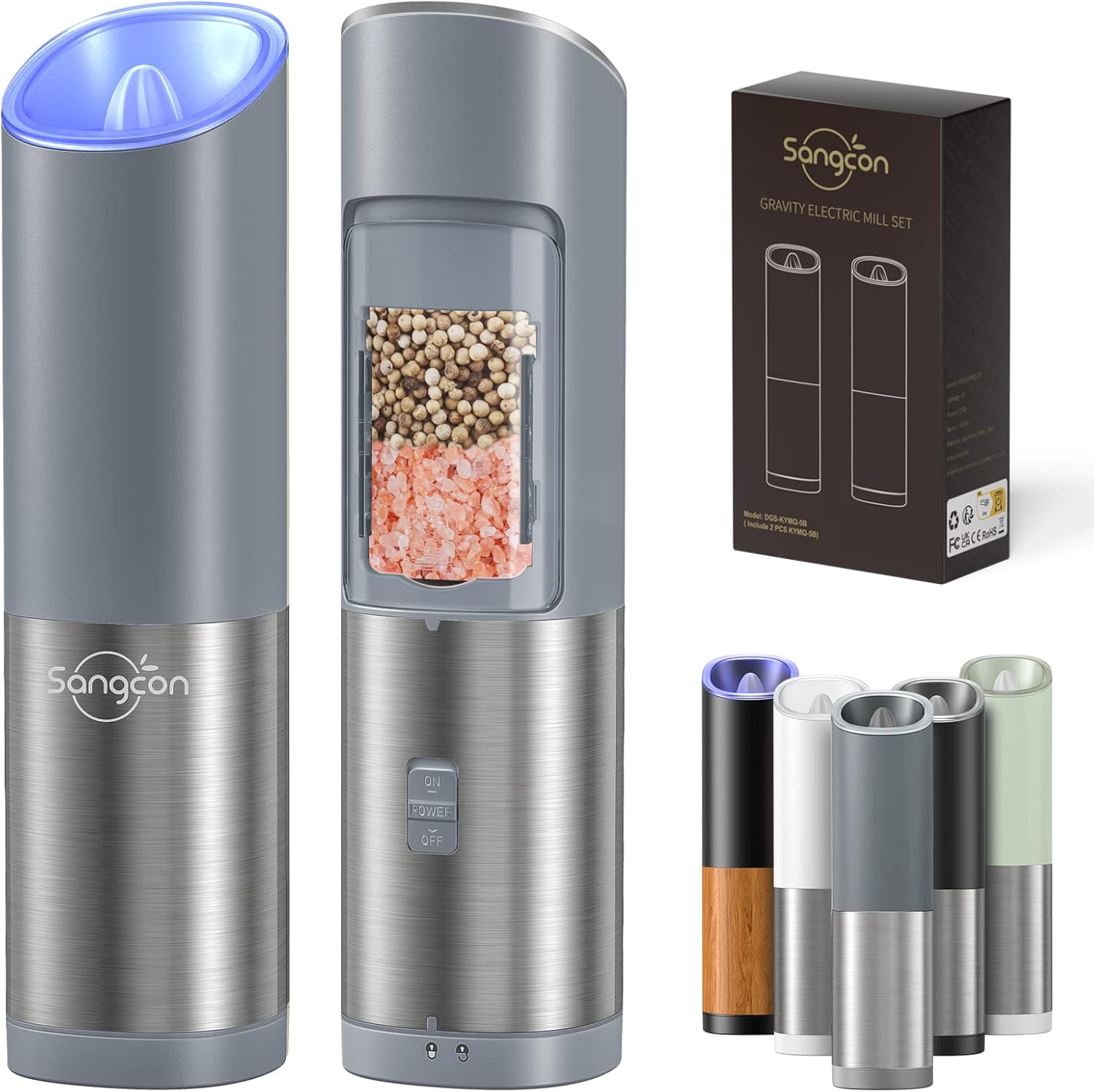 Sangcon Gravity – Molinillo eléctrico de sal y pimienta con interruptor de seguridad, funciona con pilas con luz LED, grosor ajustable, accesorios