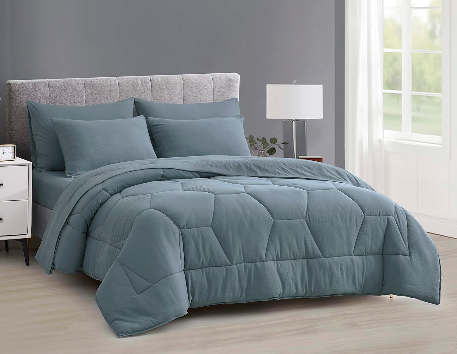 Chezmoi Collection Piper – Juego de cama matrimonial en una bolsa, 7 piezas, acolchado hexagonal de panal de abeja, suave lavado, microfibra de