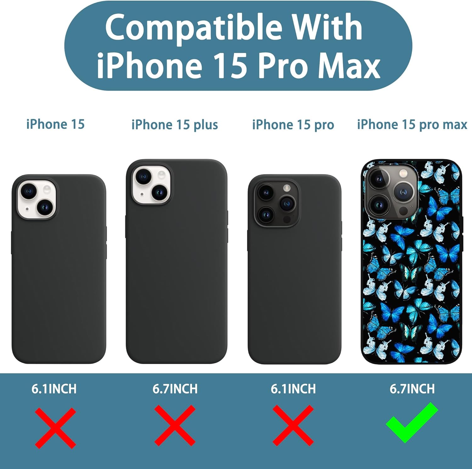 MSEAANBK Funda diseñada para iPhone 15 Pro Max con diseño de mariposas azules de acuarela para iPhone 15 Pro Max de 6.7 pulgadas, TPU suave, cuerpo