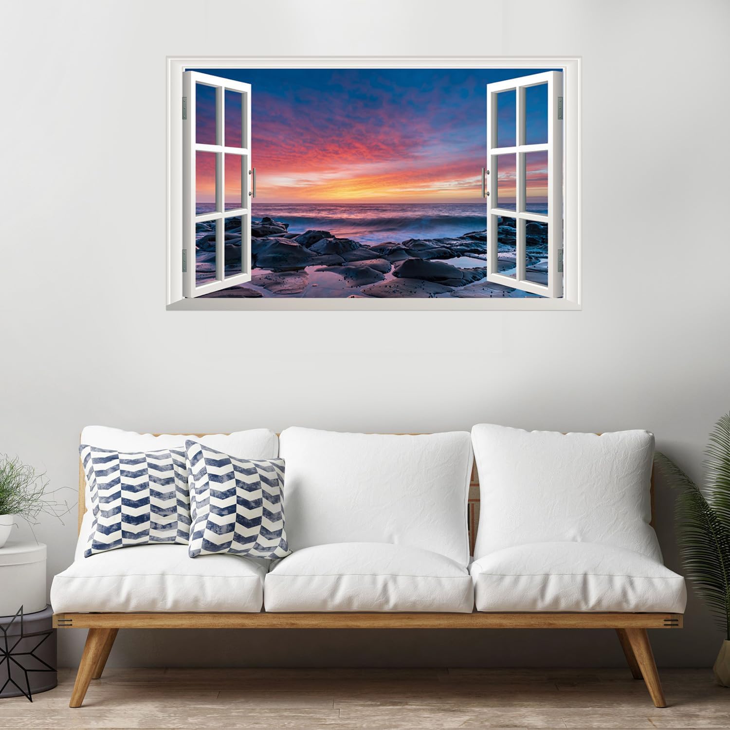 Calcomanía de pared de paisaje marino de playa, despegar y pegar, puesta de sol, ventana falsa 3D, naturaleza, océano, paisaje, vista de ventana,