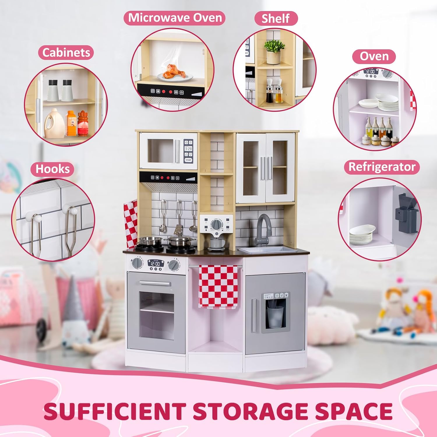 Juego de cocina para niños, cocina de madera con grifo, fregadero, microondas, horno, delantal, armarios de almacenamiento, juego de juguetes de