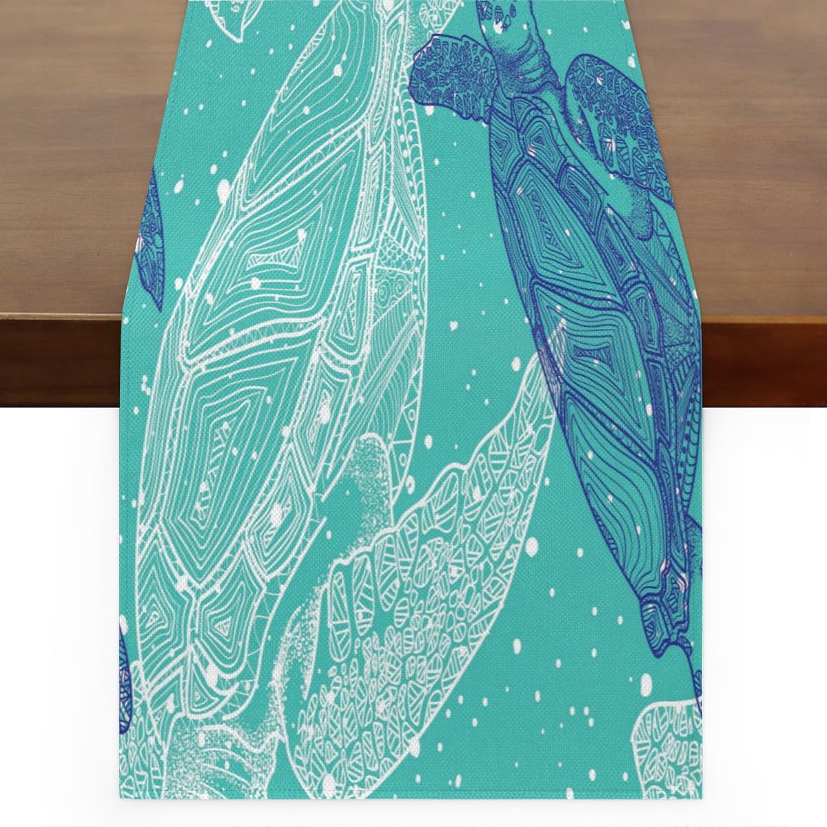 Table Runner Abstract Ocean Turtle, Rustic Linen Table Cloth, Kitchen Dining Table Decoration for Home Party Decor 13 x 48 Inches