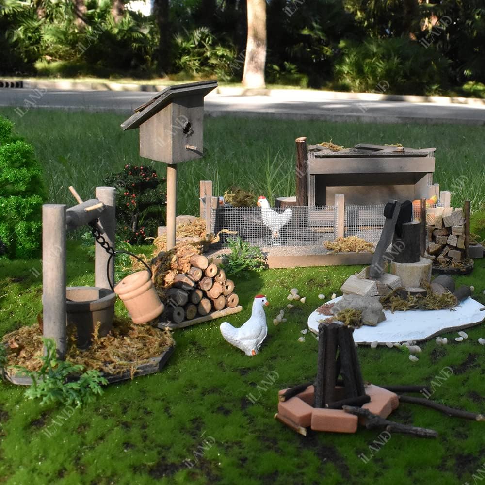 iland Accesorios para casa de muñecas en escala 112, juego de granja de casa de muñecas incluido Pozo de deseos de madera y hacha con leña y