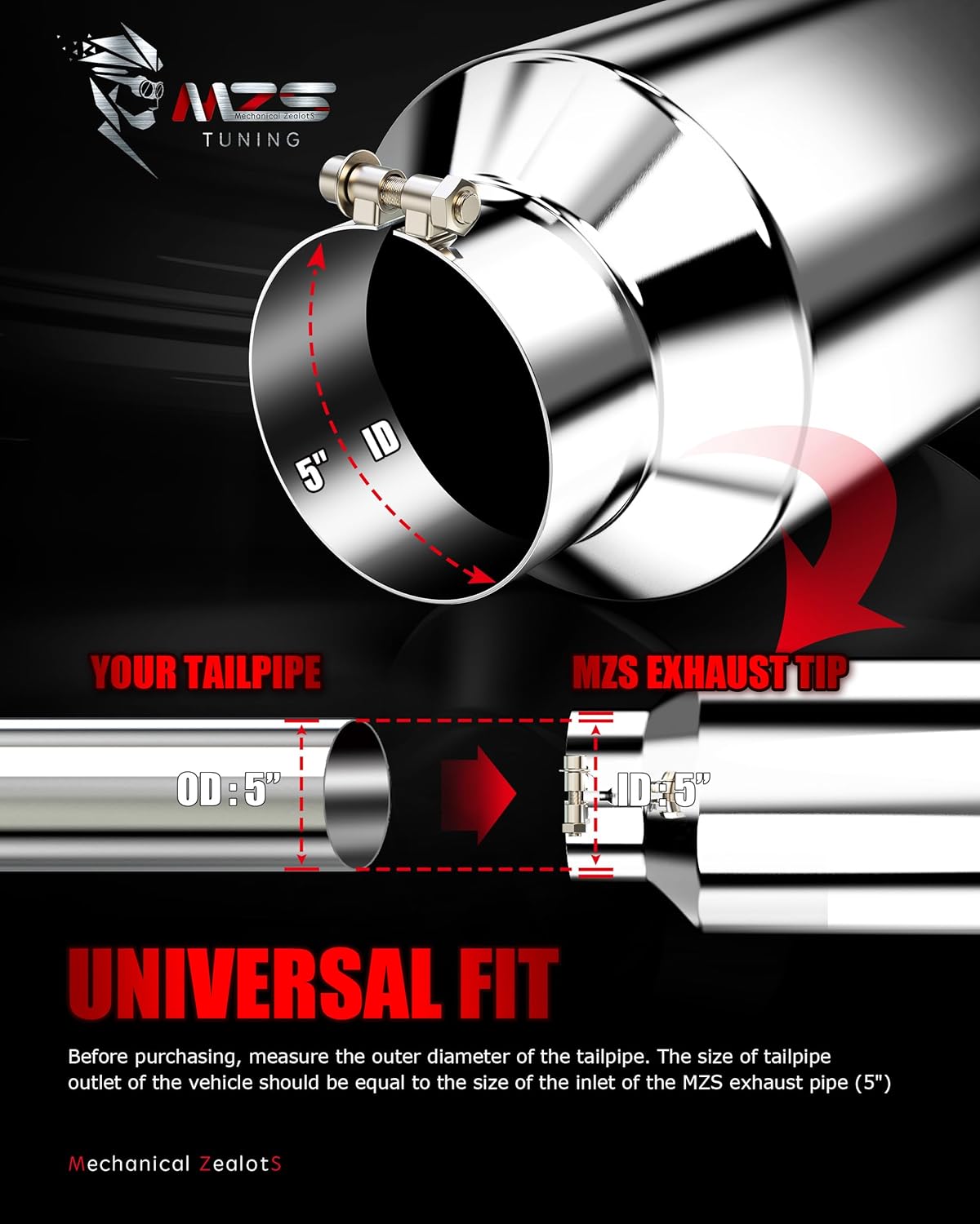 MZS Punta de escape, acero inoxidable 5 “entrada 8 “salida 15” longitud escape escape escape universal ángulo inclinado corte