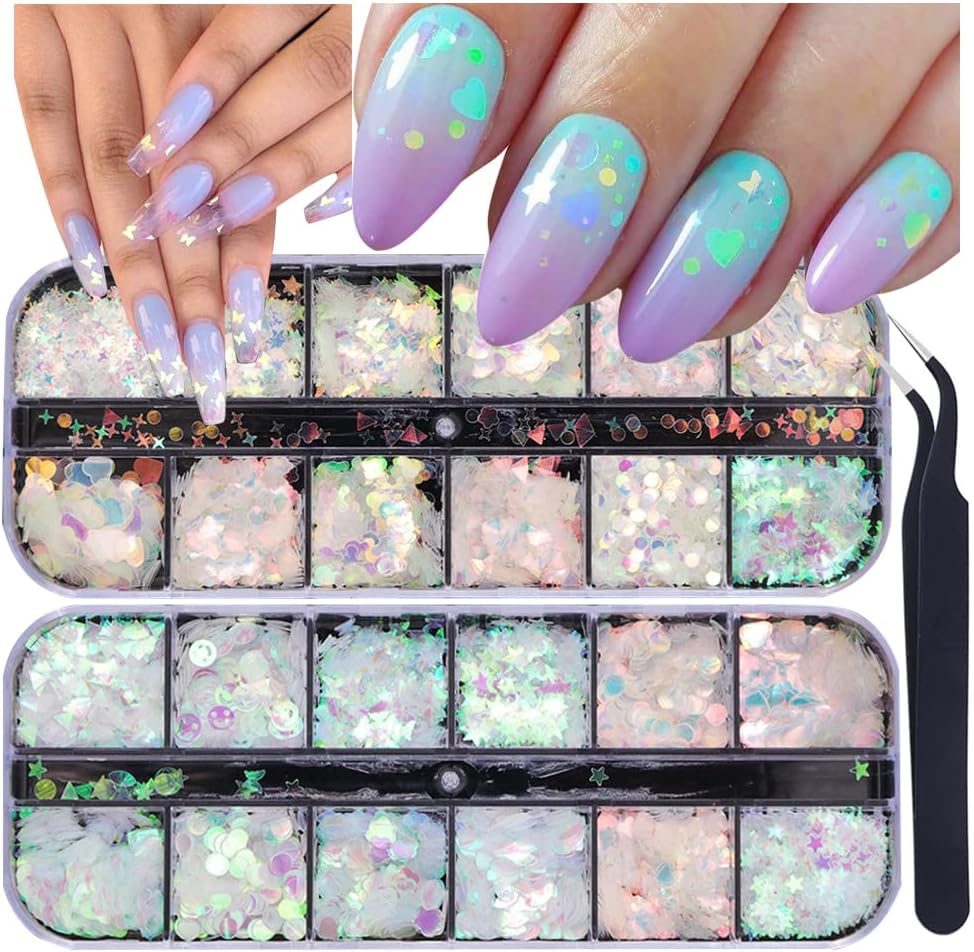 24 rejillas de lentejuelas holográficas para uñas y 1 pinza de arte de uñas, copos de sirena iridiscentes, calcomanías ultrafinas y coloridas con
